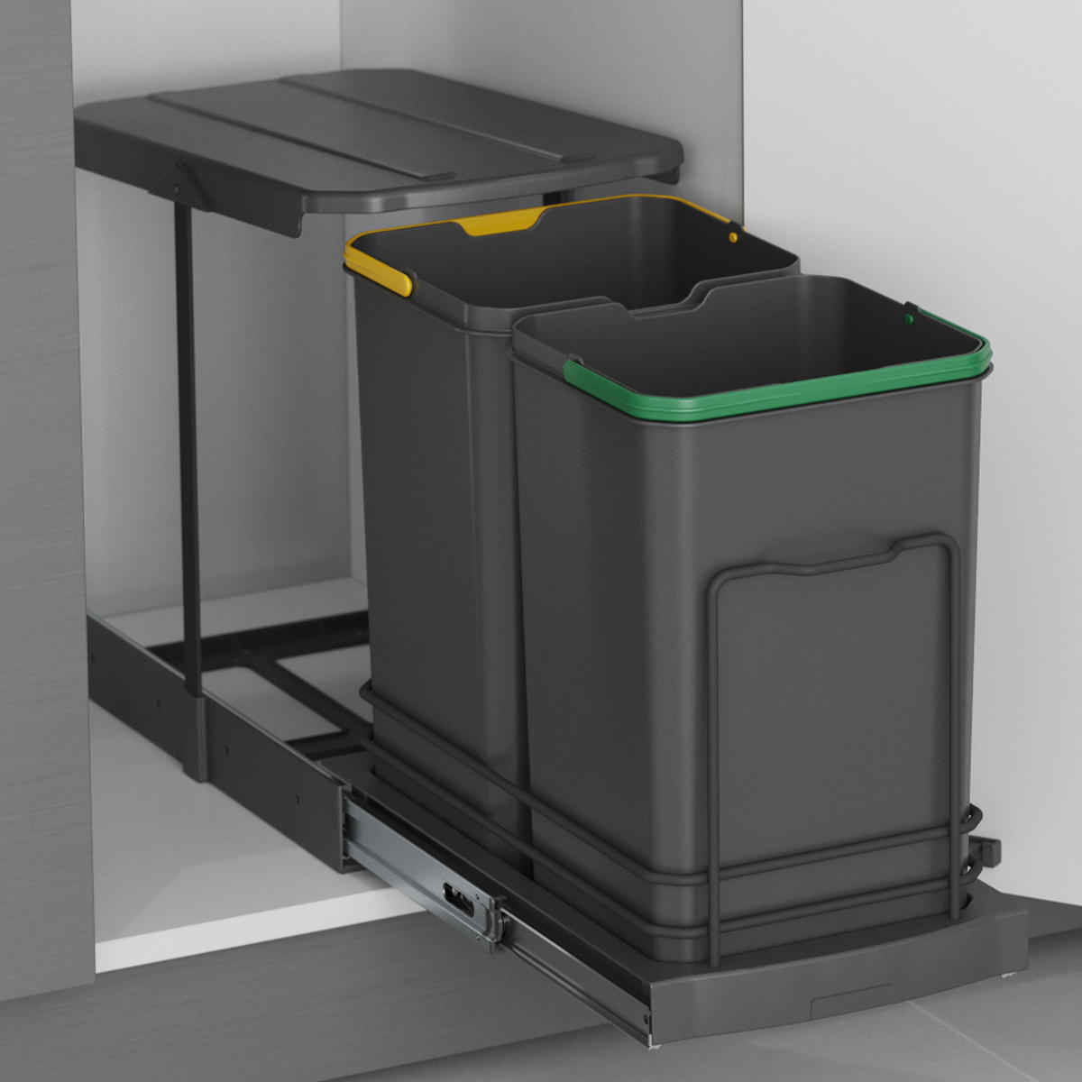 RECYCLINGBEHÄLTER für die Bodenmontage und manuellen/automatische Auszug in Küchenzeilen, 2x12 Liter, Kunststoff, anthrazitgrau - Anthrazit, Metall (42/29/46cm) - EMUCA
