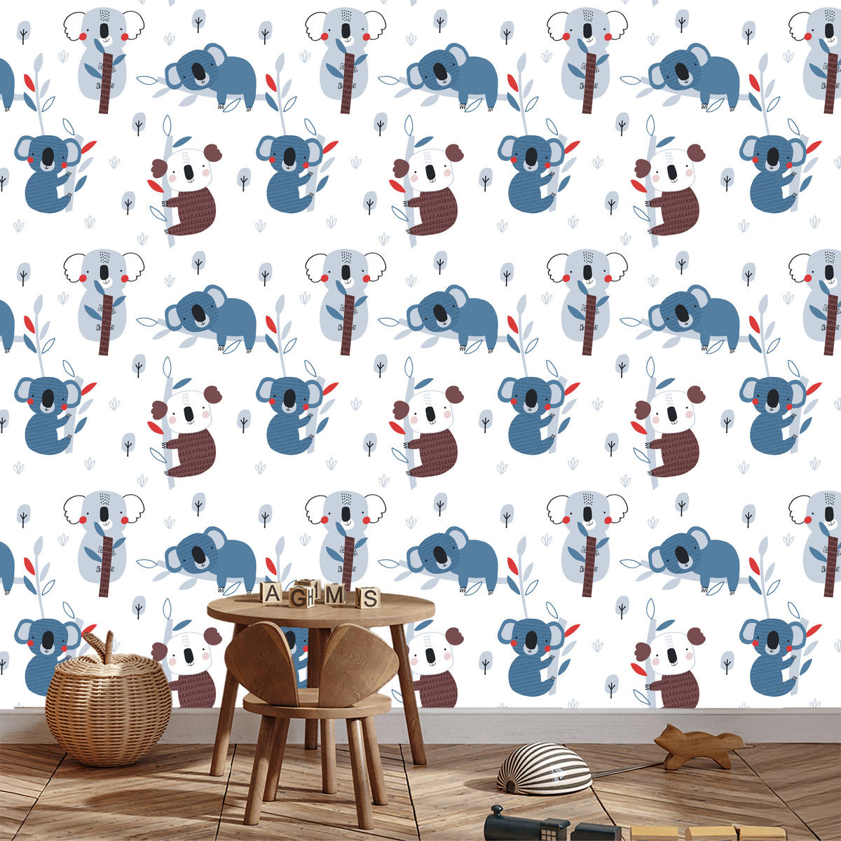 VLIESTAPETE Koalas und Bäume – Blau, Braun, Weiß – 50x1000 cm - Blau/Braun, Papier (50/1000cm) - Muralo