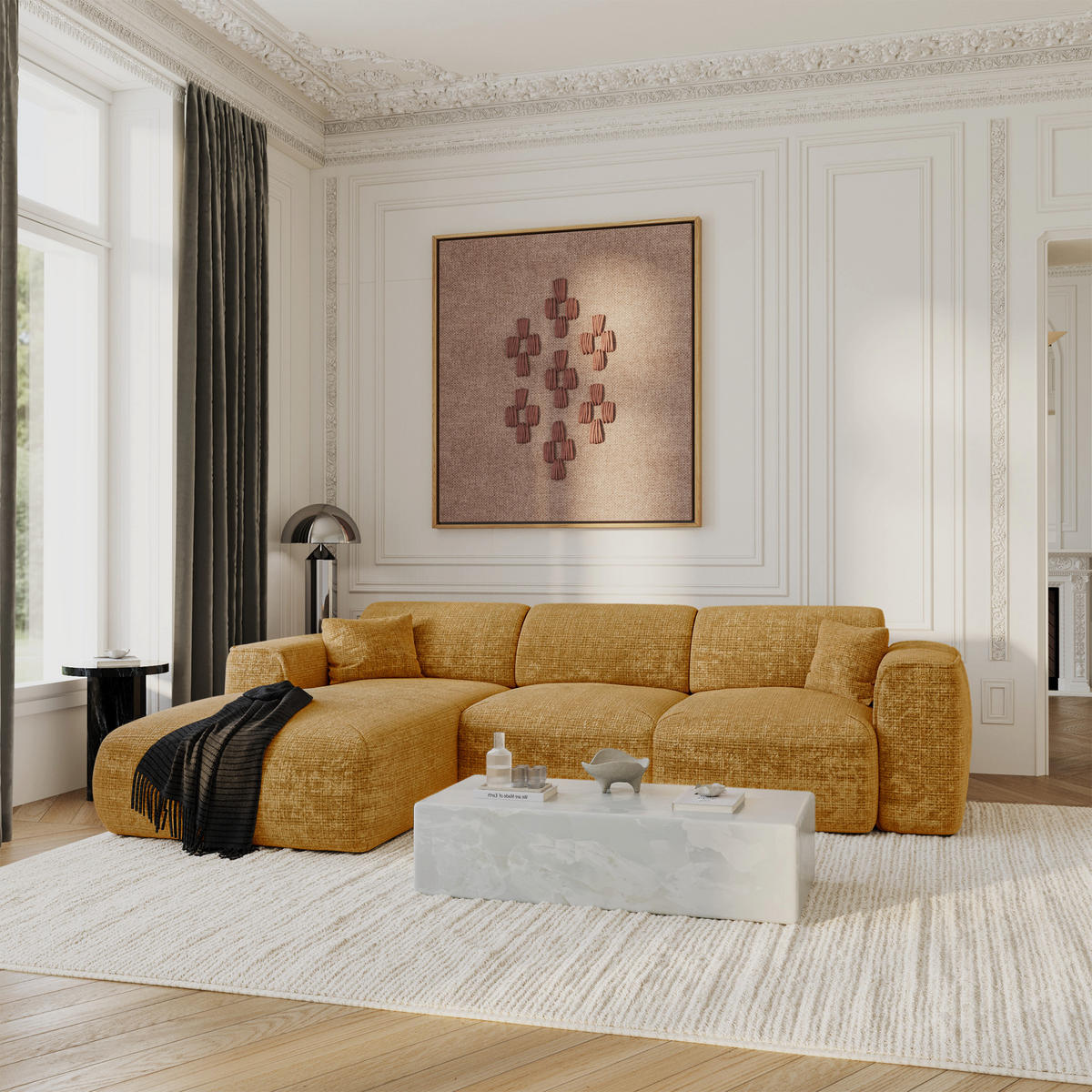 ECKSCHLAFSOFA Geprägter Samt Senf 283cm - Dunkelgelb, Textil (283/180cm) - Sia Home