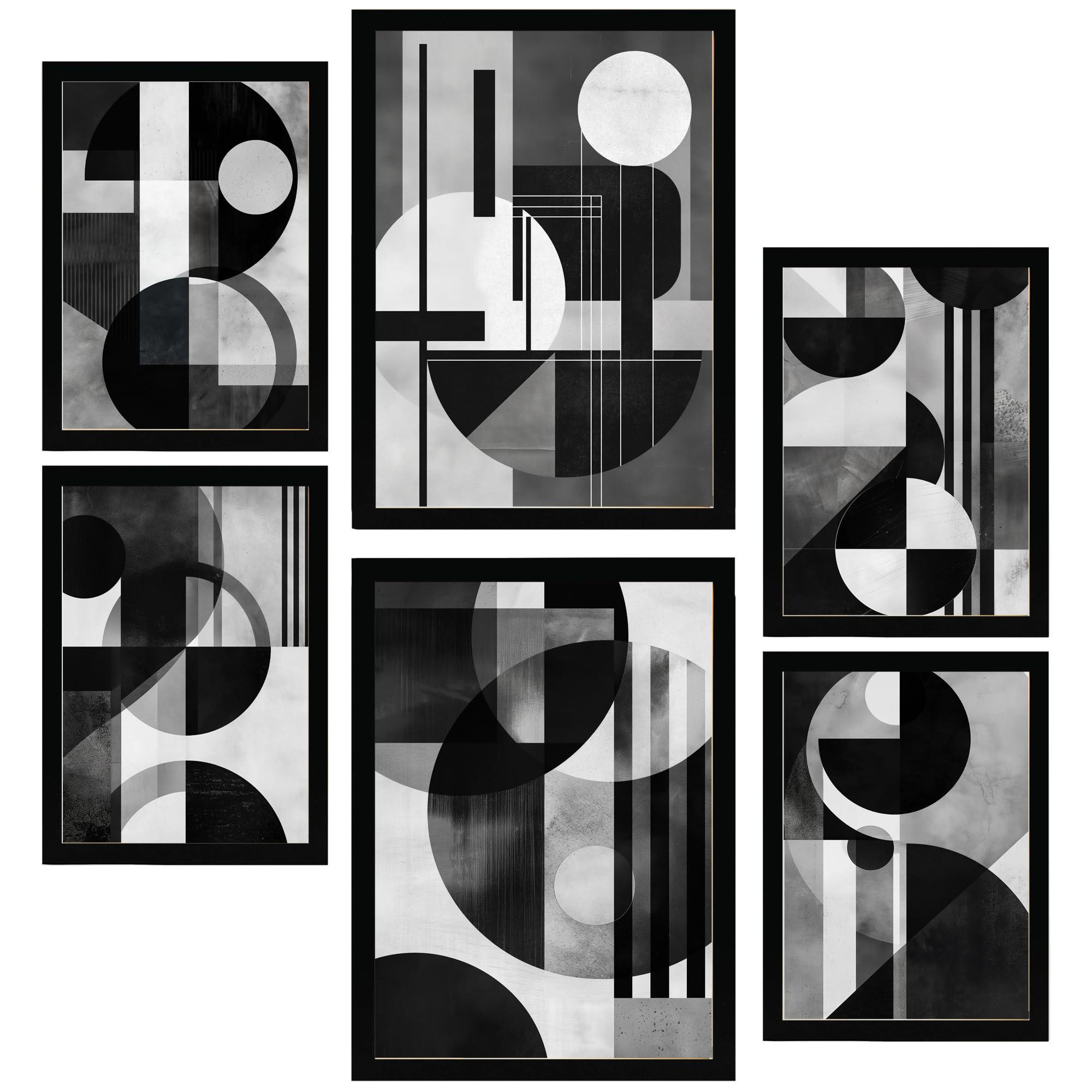 POSTER Set Mit 6 Bauhaus Weiß Schwarz Grau Gerahmtes A3 & A4 Schwarzer Rahmen - Schwarz, Papier (29/3cm) - Nacnic