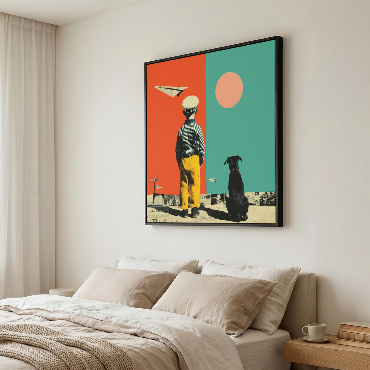 LEINWAND Bilder mit Rahmen - Retro - Junge - Hund - Rot - Grün - 90x90 - Orange, Textil (90/90cm) - MuchoWow