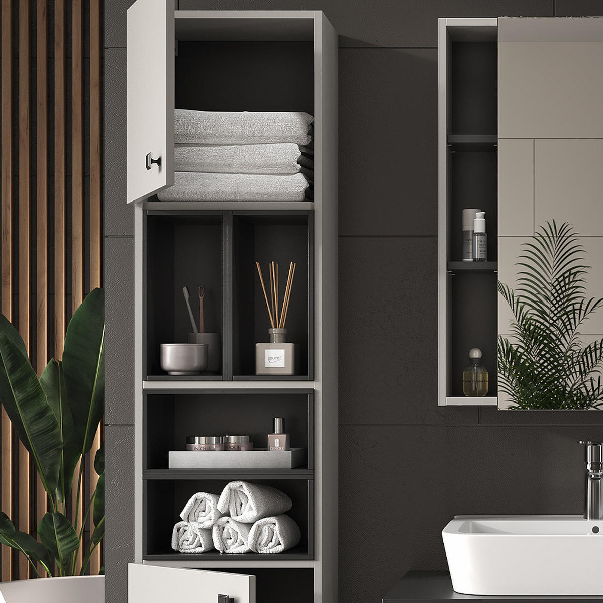 BADSCHRANK Gerta Grau 37.5 x 150 cm mit Tür und offenen Fächern - Grau, Holzwerkstoff (37.5/150/26cm) - Vicco