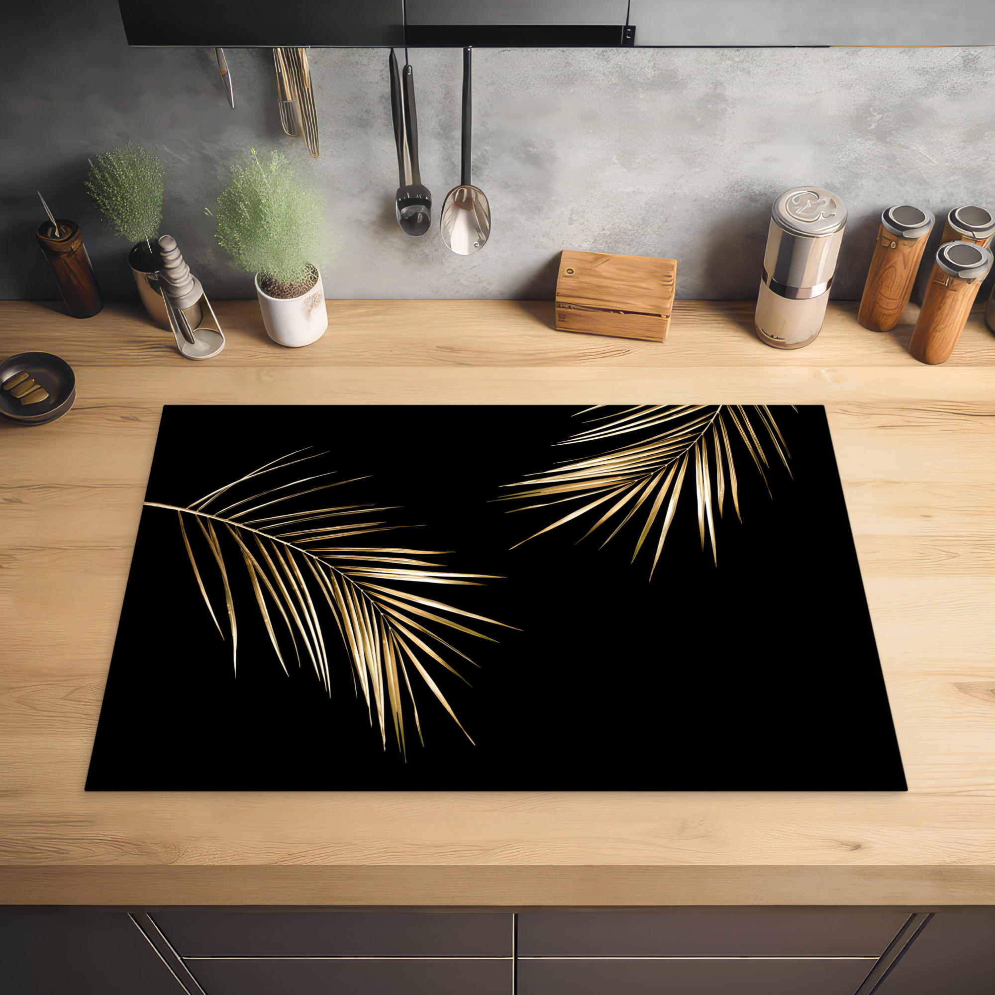 HERDABDECKPLATTE Blätter - Pflanzen - Gold - Schwarz - Luxus 76x51 cm - Goldfarben, Kunststoff (76/0.2/51.5cm) - MuchoWow