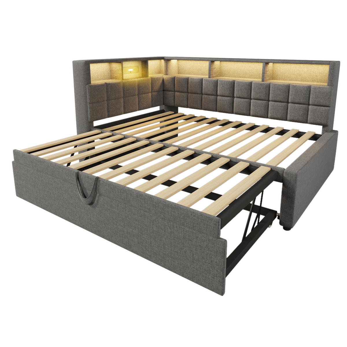 SCHLAFSOFA 90/200 cm & 90/190 cm in Grau Leinen mit Ausziehbett, LED und USB & Type-C - Grau, Holzwerkstoff/Textil (90/200cm) - WISHDOR