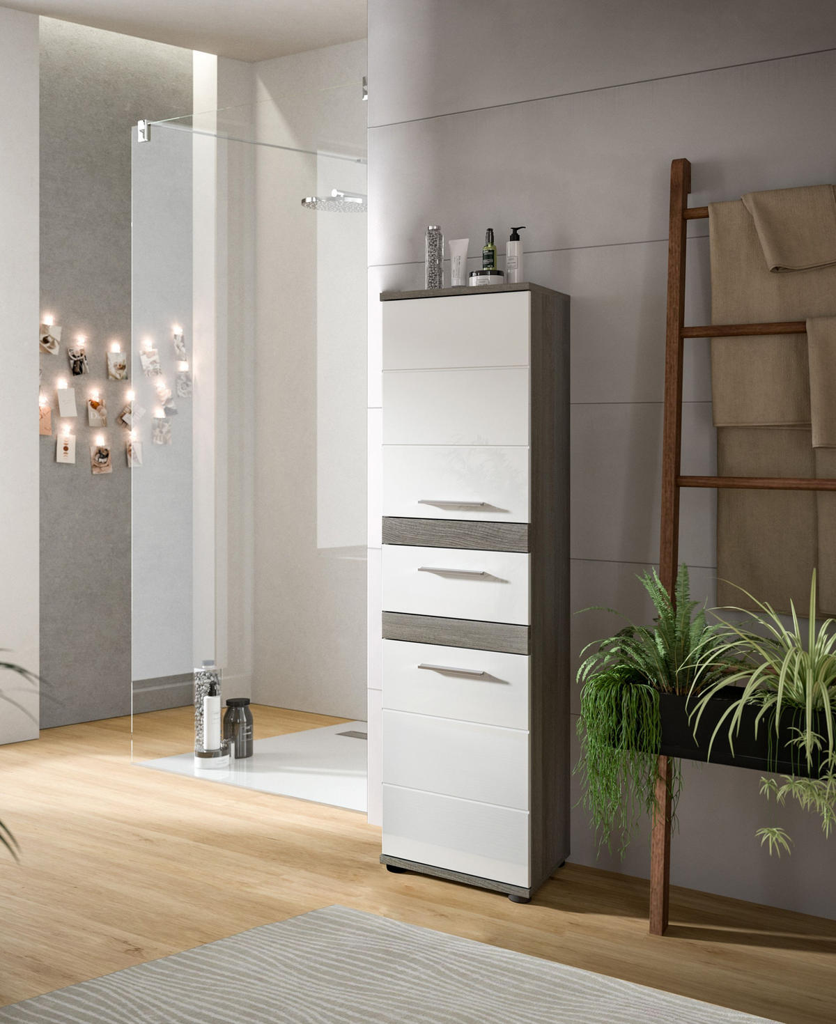 STANDSCHRANK Blake Bad in Rauchsilber Nachbildung und weiß hochglanz B/H/T: 35x137x31 cm - Anthrazit, Holz (35/137/31cm)