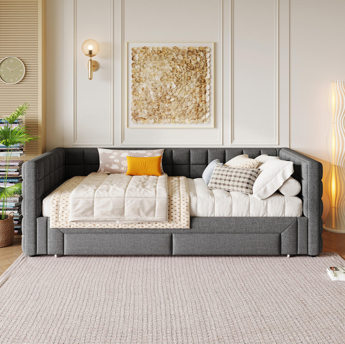 BETT mit Kopfteil 90/200 cm, ausziehbar auf 180 cm, mit 2 Schubladen, grau - Grau, Textil (90/200cm) - BEAOK