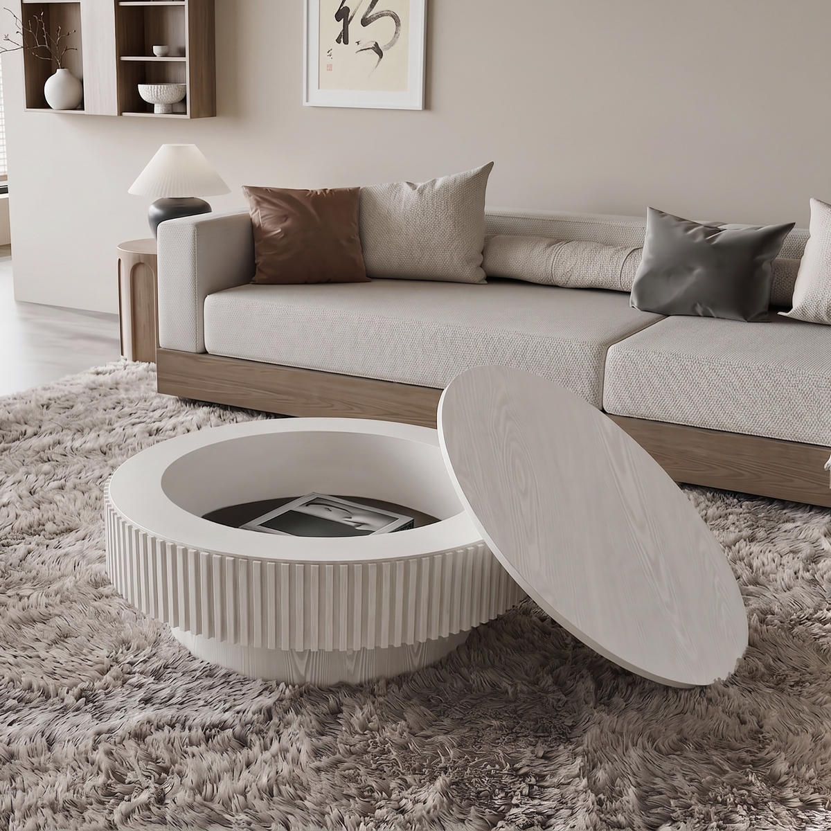 COUCHTISCH DE-37318 rund mit verstecktem Stauraum und Rillendesign Retro-Weiß - Weiß, Holzwerkstoff (75/75/35cm) - ComfortXL