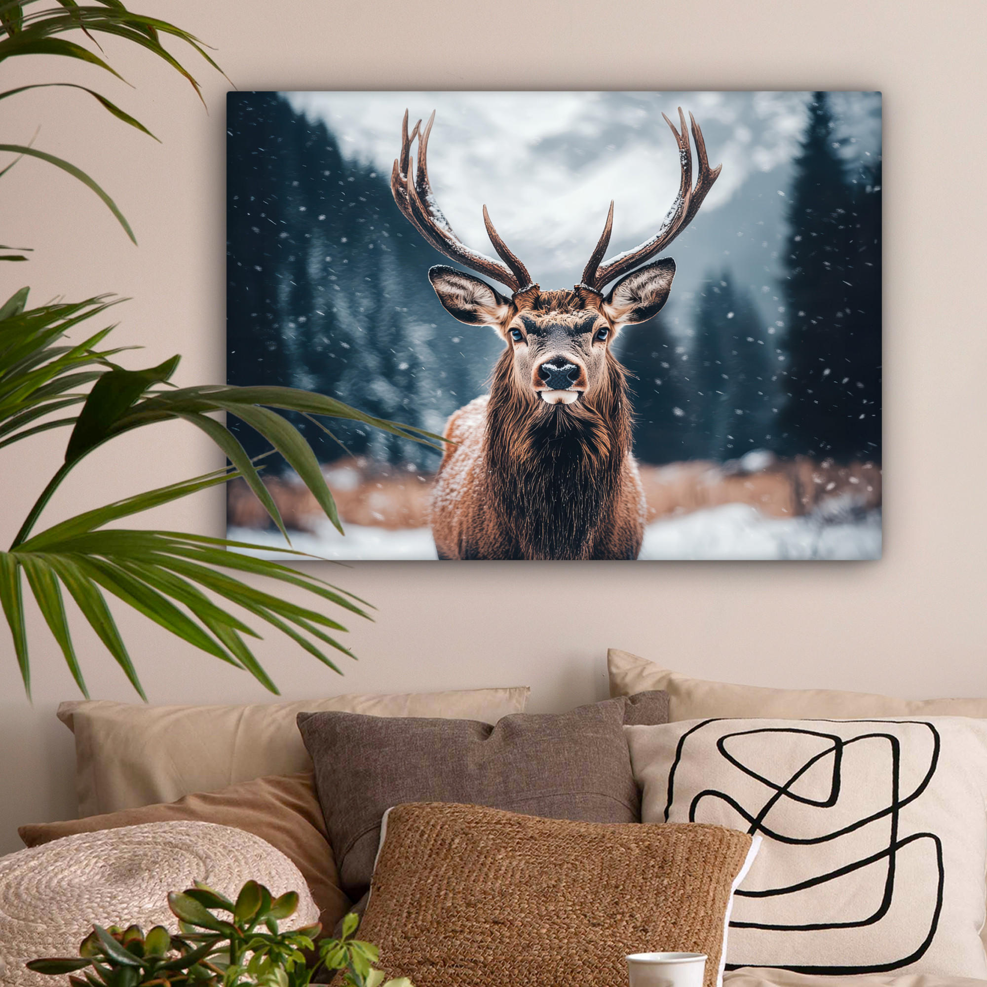 LEINWANDBILD Hirsche - Tiere - Landschaft - Winter - Schnee Wandbilder 80x60 cm - Kastanienfarben, Textil (80/60cm) - MuchoWow