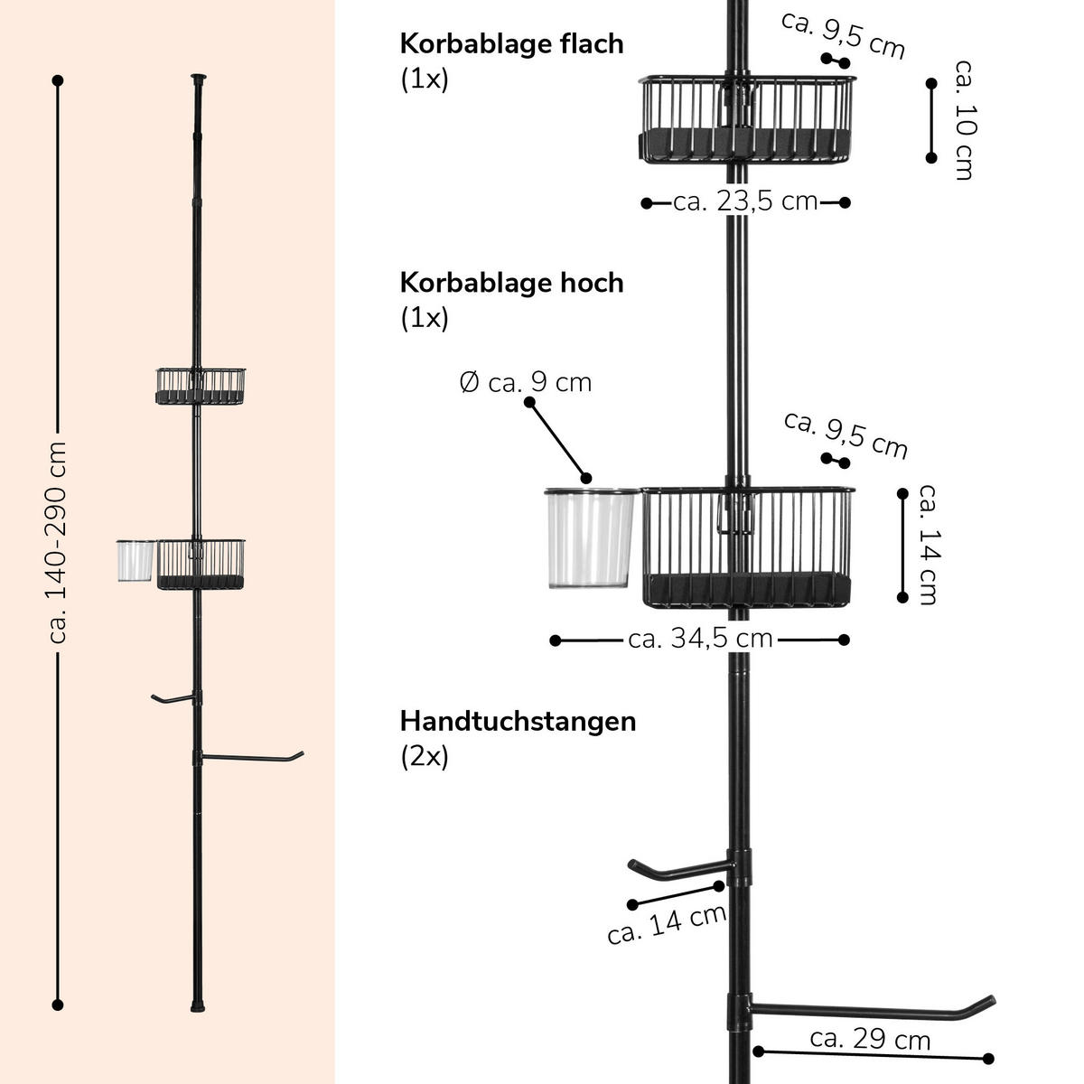 BADREGAL, schwarz - Schwarz, Metall (34.5/290/14cm) - bremermann