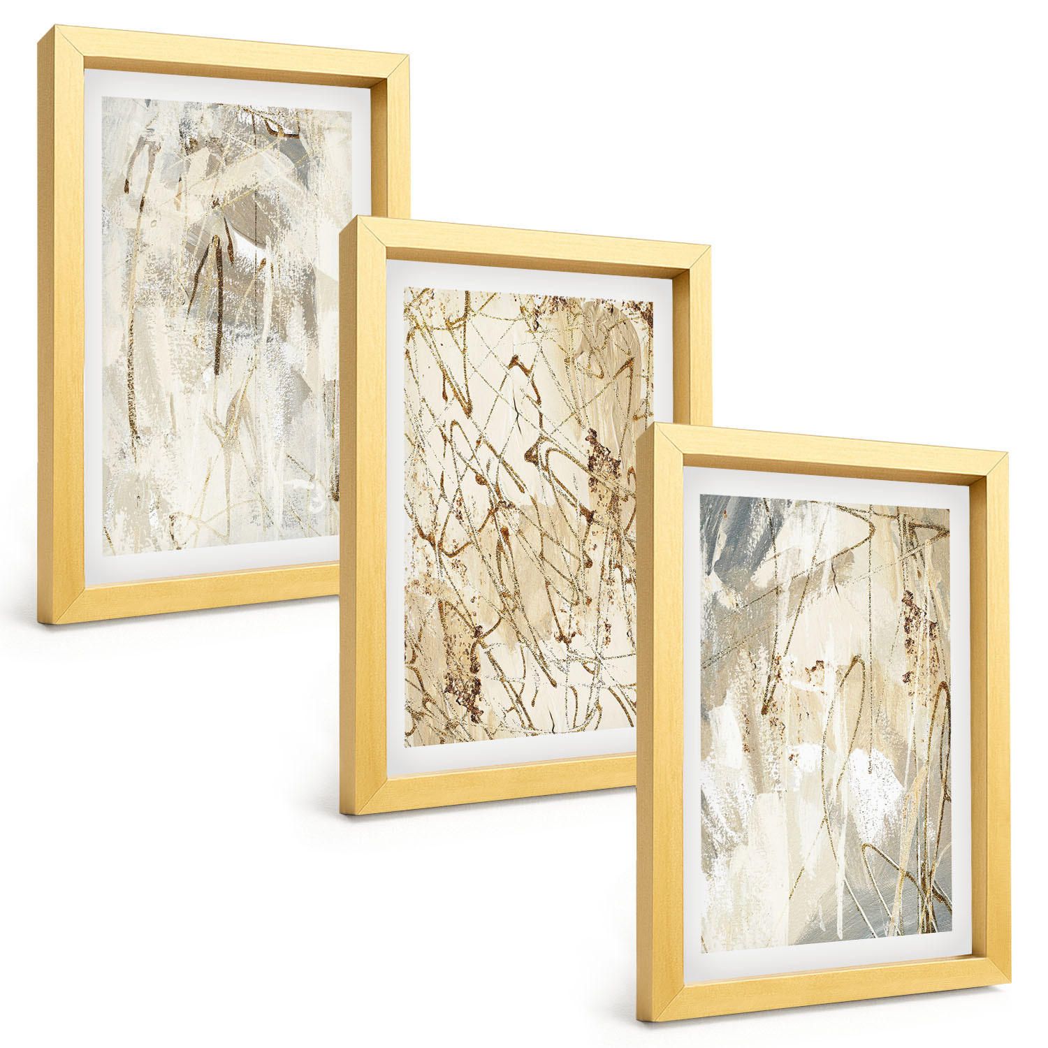 BILDER SET 3er Set - 20x30 cm Goldrahmen - Abstrakte Muster in Beige und Grau - Goldfarben, Kunststoff (20/30cm) - TULUP