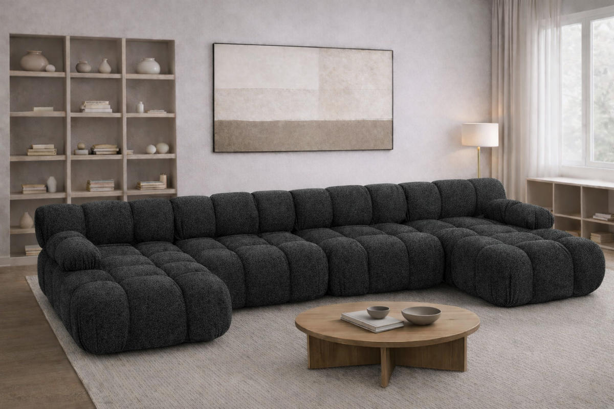 ECKSOFA U-Form XL, Stoff Bouclé Abriamo, Graphit, Selia U XL - Graphitfarben, Holz (380/70/160cm) - Kaiser Möbel