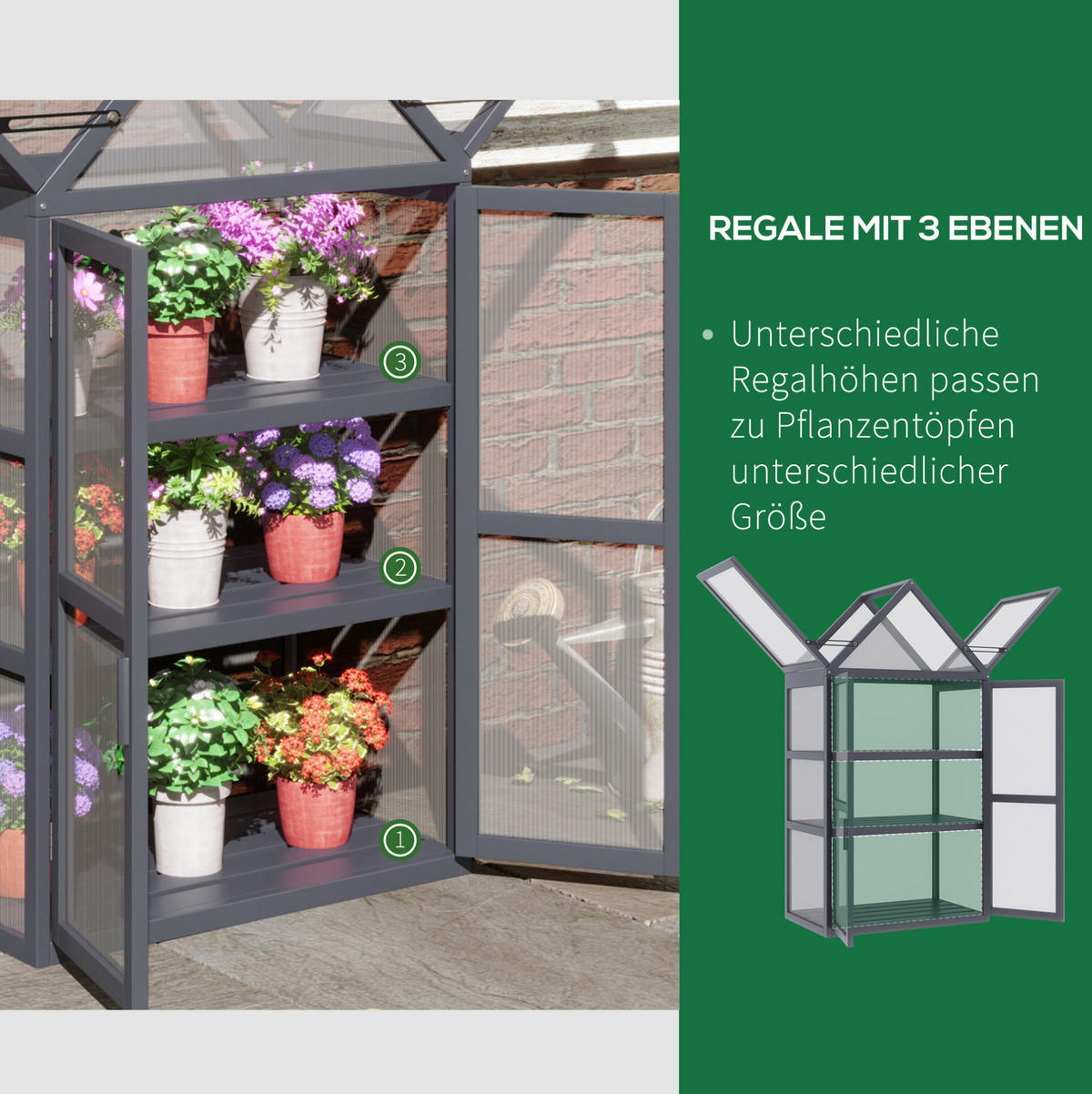 GEWÄCHSHAUS aus Holz 70,5x42x132 cm in Grau mit 3 Regalböden - Grau, Holz (42/132/70.5cm) - Modfu