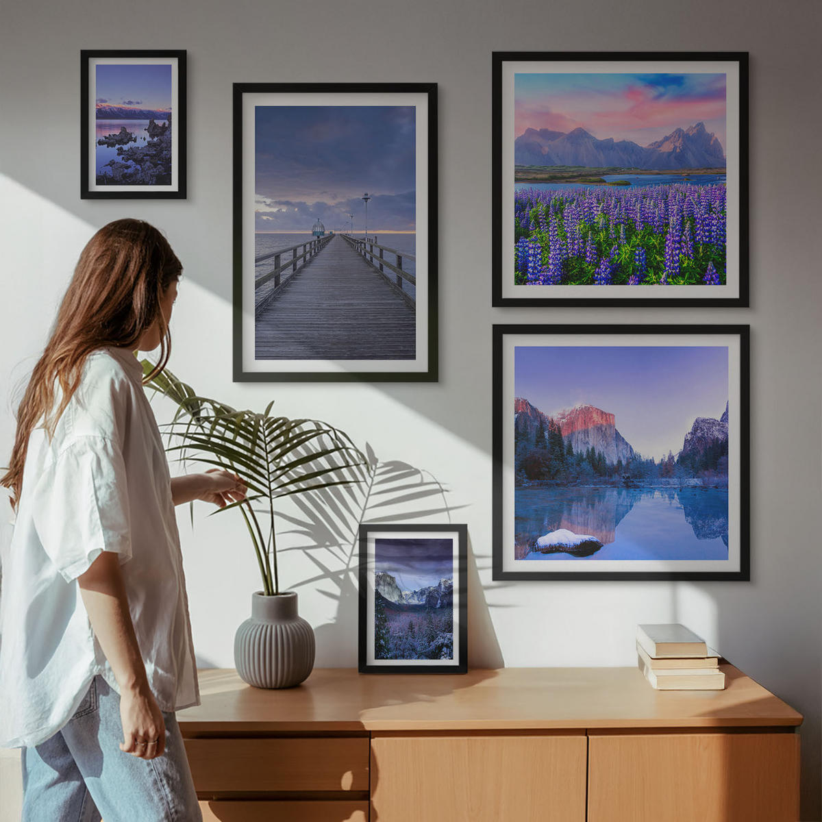 WANDBILDER 5er-Set - 50x50 cm & 20x30 cm & 40x60 cm Schwarzer Rahmen - Berglandschaften, Wasser, Blumenfeld - Schwarz, Kunststoff (40/60cm) - ArtPrintCave