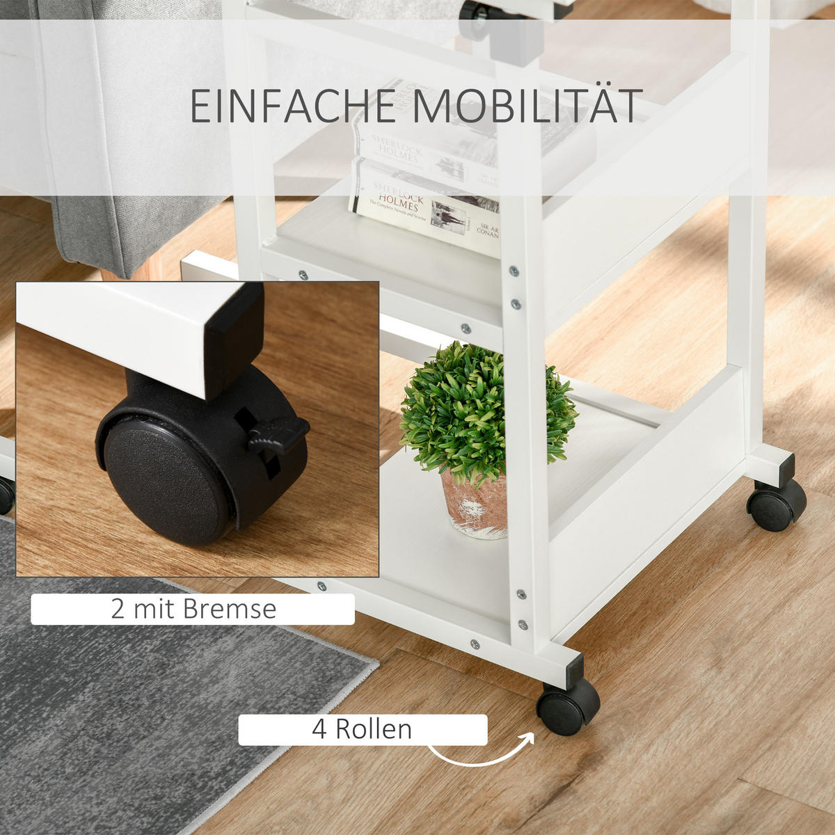 BEISTELLTISCH Couchtisch mit Rollen höhenverstellbar 2 untere Regale Esszimmer - Weiß, Kunststoff (80/40/82cm) - HOMCOM