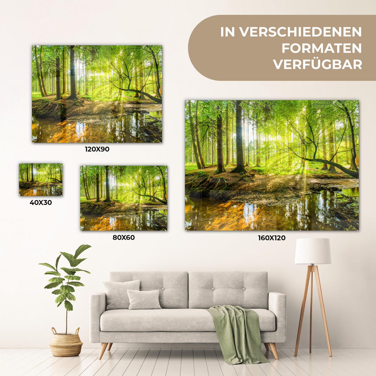 ACRYLGLASBILD Wald - Landschaft - Wasser - Bäume - Sonne - Grün - Natur 80x60 cm - Grün, Glas (80/60cm) - MuchoWow