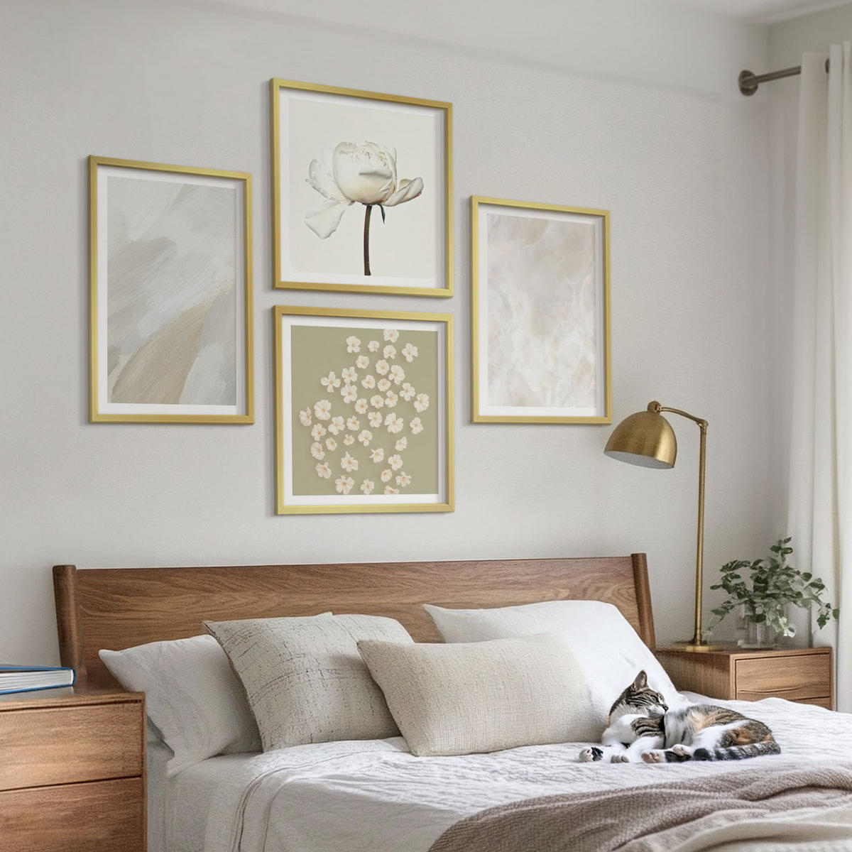 WANDBILDER 4er Set - 50x50 cm & 40x60 cm Goldrahmen - Blumen, modische Boho-Texturen - Goldfarben, Kunststoff (50/50cm) - ArtPrintCave
