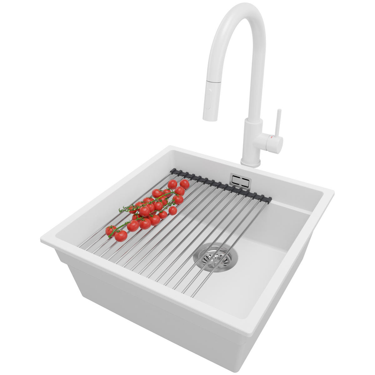 UNTERBAUSPÜLE GRANIT Praga, 2-er set Weiß 46/47 cm 1 Becken + Küchenarmatur 40/20 cm + Ablauf-Set + Aufrollbare Abtropffläche ab 50er Unterschrank - Chromfarben/Weiß, Kunststoff (46/20/47cm) - Primagran