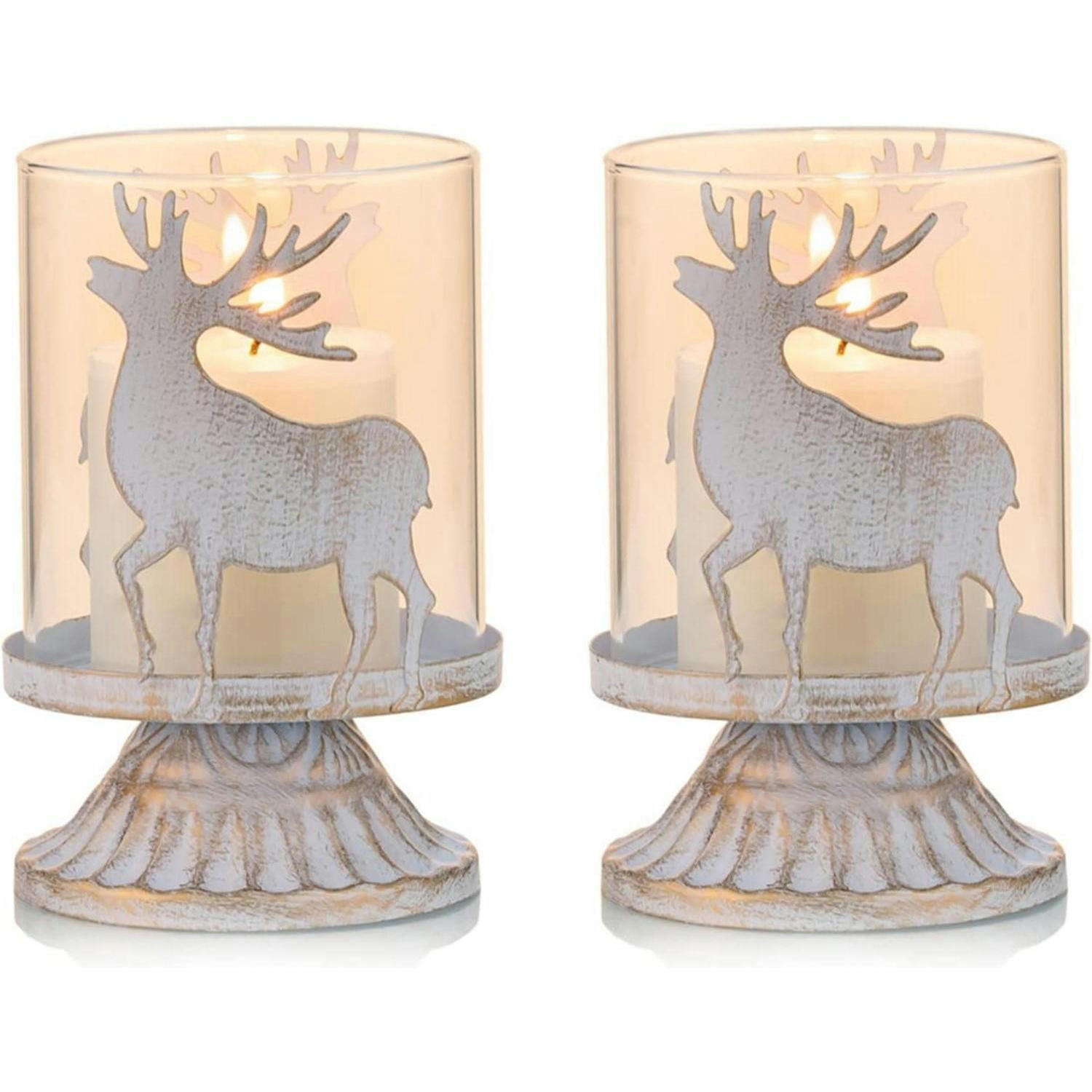 WINDLICHT 2er Set Hirsch Metall Weiß Vintage 8 cm - Weiß, Metall (8.1/11.9/8.1cm)