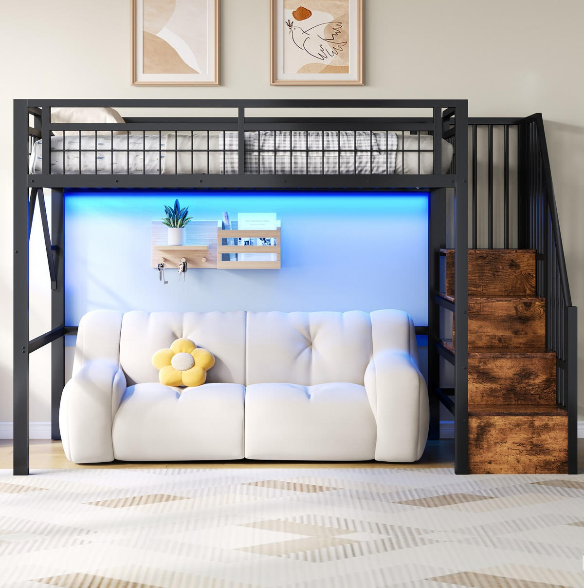 HOCHBETT aus Metall und MDF 90x200 cm Schwarz mit LED-Lichtleiste, Stauraumtreppe und offenem Freiraum - Schwarz, Metall (90/200cm) - Modfu