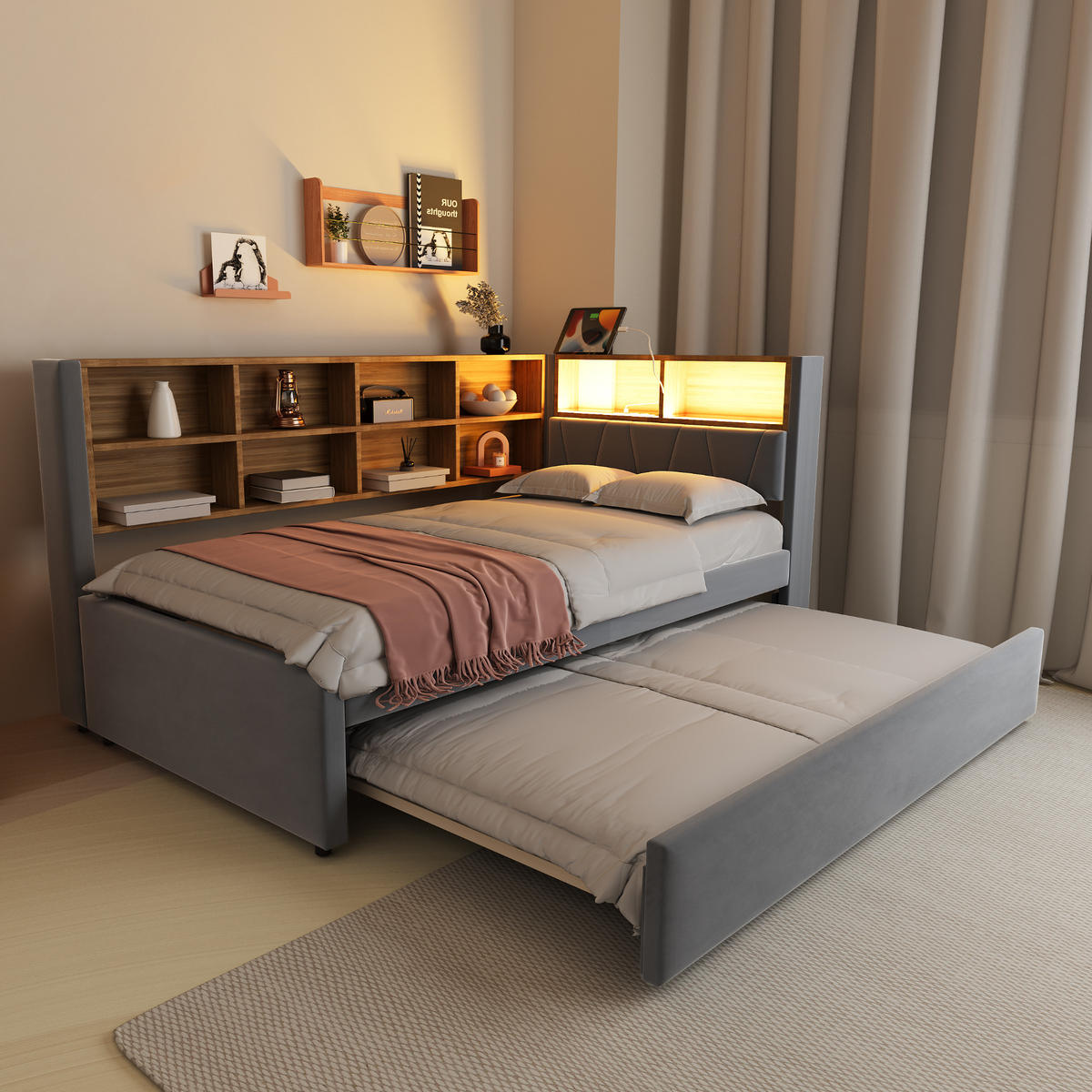 POLSTERBETT 90/90x200 cm LED USB dunkelgrau - Dunkelgrau, Textil (90/200cm) - Fortuna Lai
