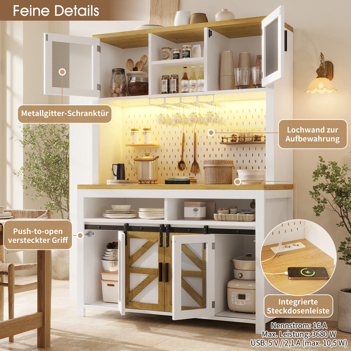 HIGHBOARD in Weiß Mehrzweckschrank mit USB-Anschluss und LED B120/T40/H174.5cm, für Küche Esszimmer - Weiß, Holzwerkstoff (120/174.5/40cm) - STILVORA
