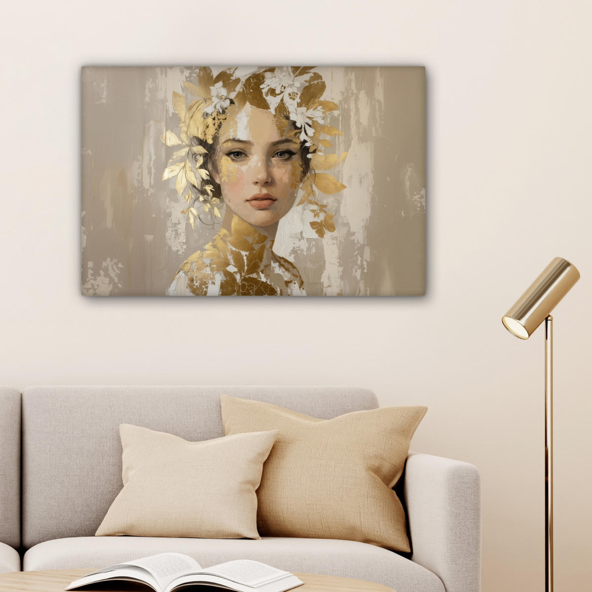 LEINWANDBILD Gesicht - Frau - Blätter - Gold Wanddeko 90x60 cm - Beige, Textil (90/60cm) - MuchoWow
