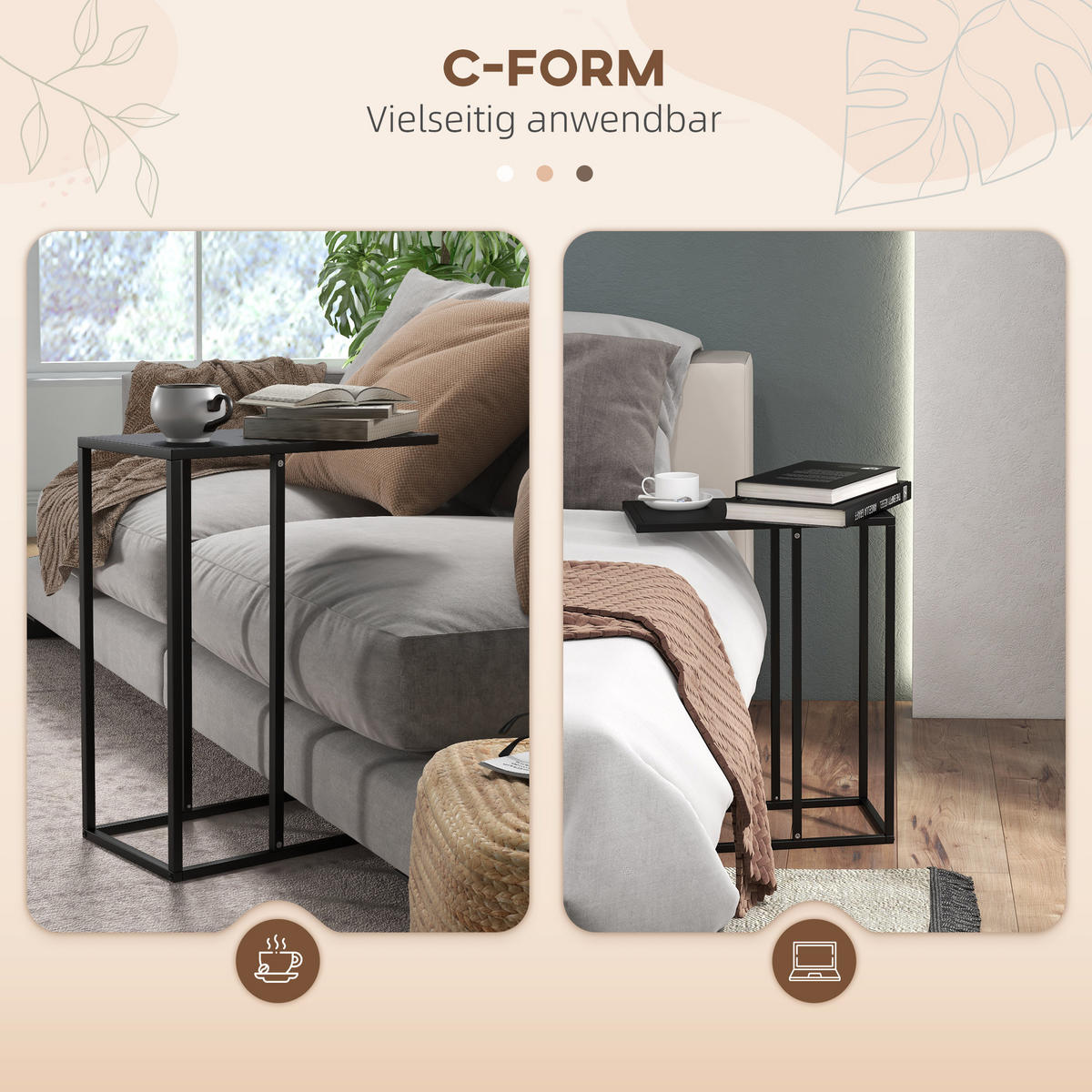 BEISTELLTISCH 46/26/60 cm in C-Form mit Stahlgestell und platzsparendem Design, Schwarz - Schwarz, Metall (26/46/60cm) - Redom