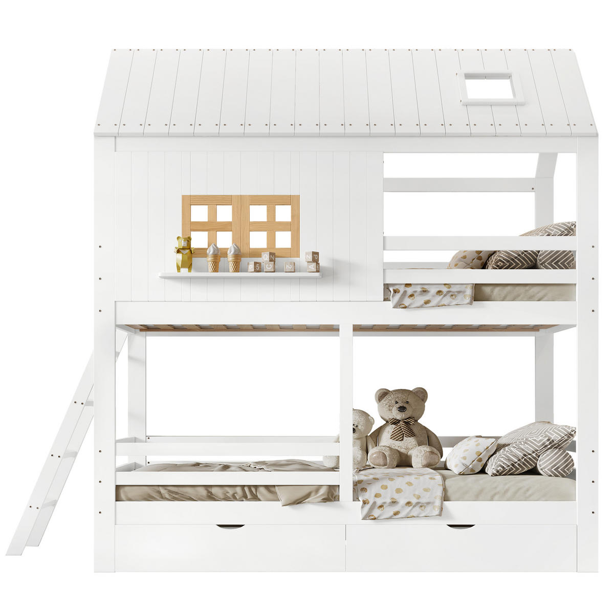 ETAGENBETT 90/200 cm weiß und natur aus Kiefer mit Fenster und Dach - Weiß, Holz (90/200cm) - OKWISH