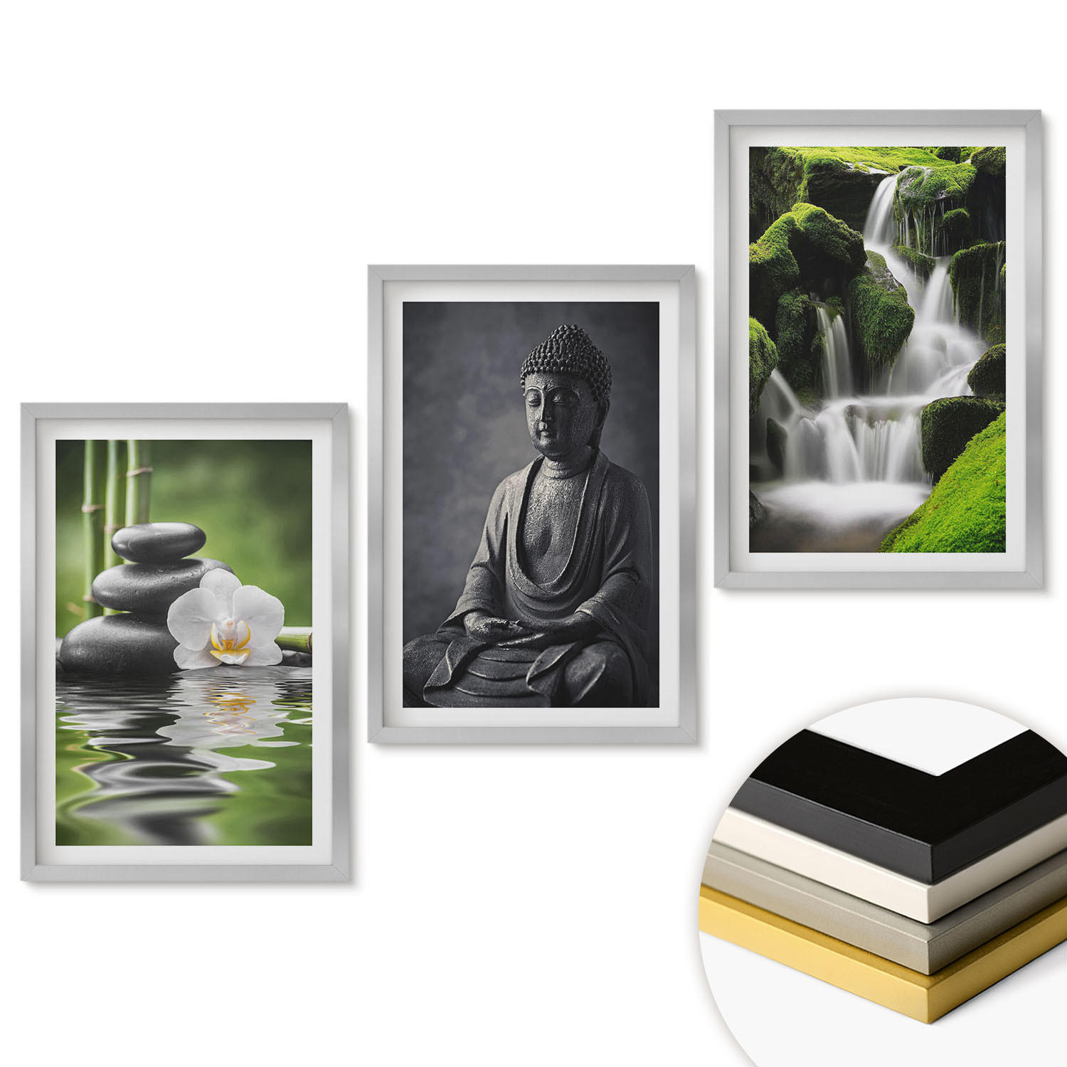 WANDBILDER 3er Set - 40x60 cm Silberner Rahmen - Entspannende Zen-Wassermalerei - Silberfarben, Kunststoff (40/60cm) - ArtPrintCave