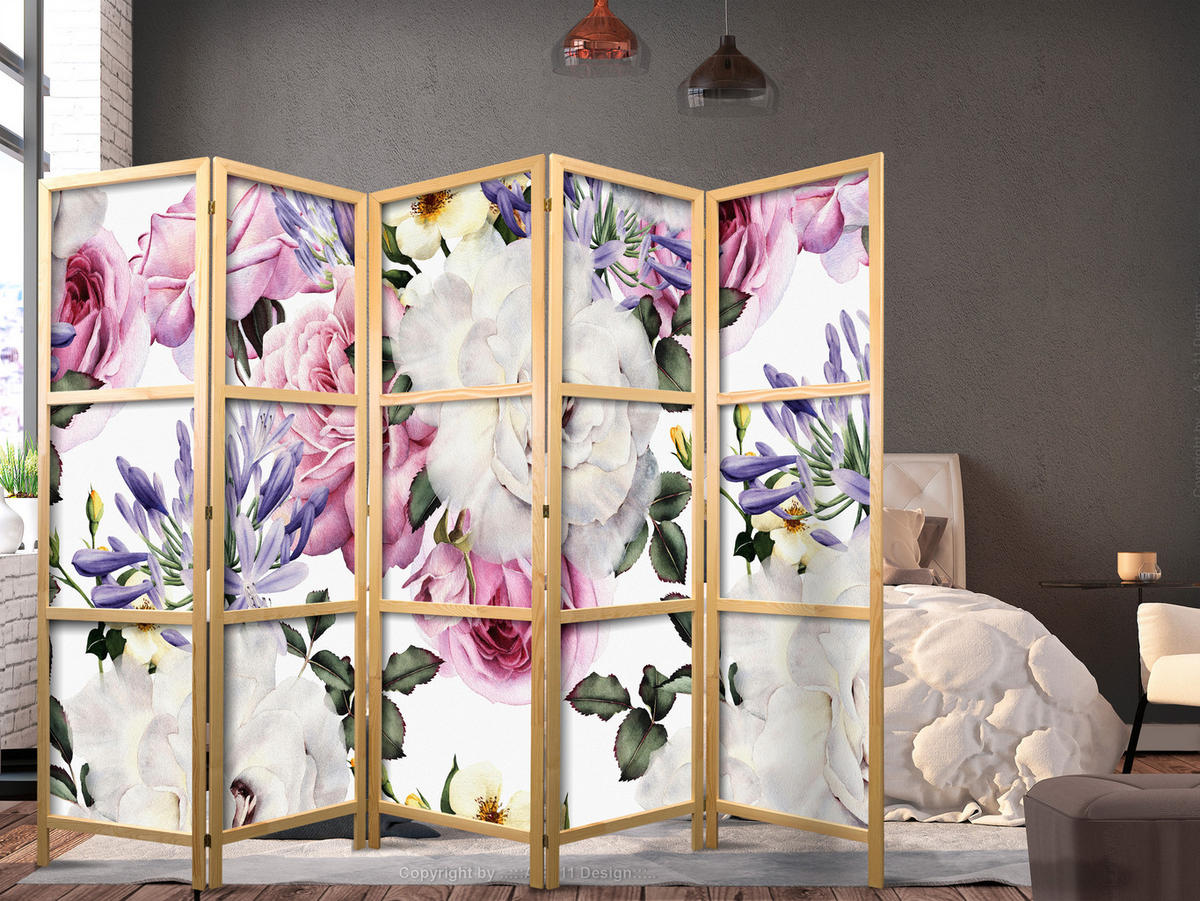 PARAVENT Japanischer 5-tlg 225x172 cm Aquarell Blumen - Multicolor, Holz/Textil (225/172/3cm) - Muralo