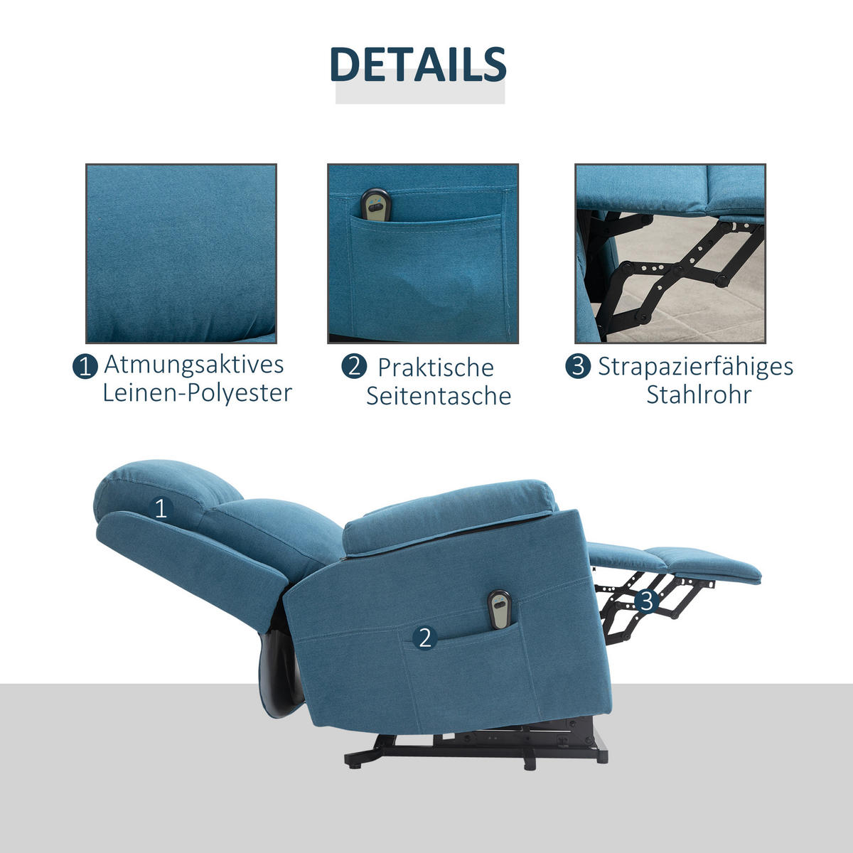 FERNSEHSESSEL mit Aufstehhilfe, Blau - Blau/Schwarz, Textil/Metall (89/102/83cm) - HOMCOM