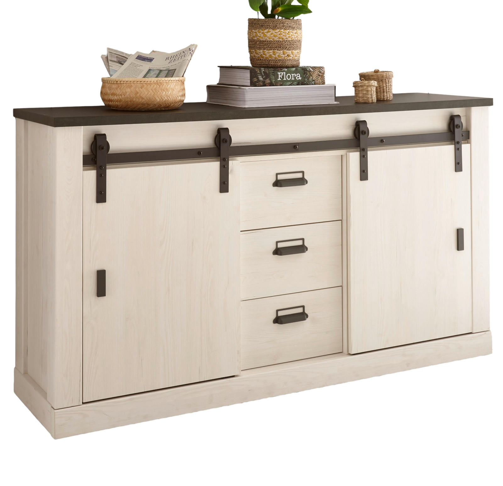 AKTENSCHRANK weiß Pinie, anthrazit Landhaus, Sideboard 162 cm mit Soft-Close - Anthrazit/Weiß, Holzwerkstoff/Metall (162/91/43cm) - Furn.Design