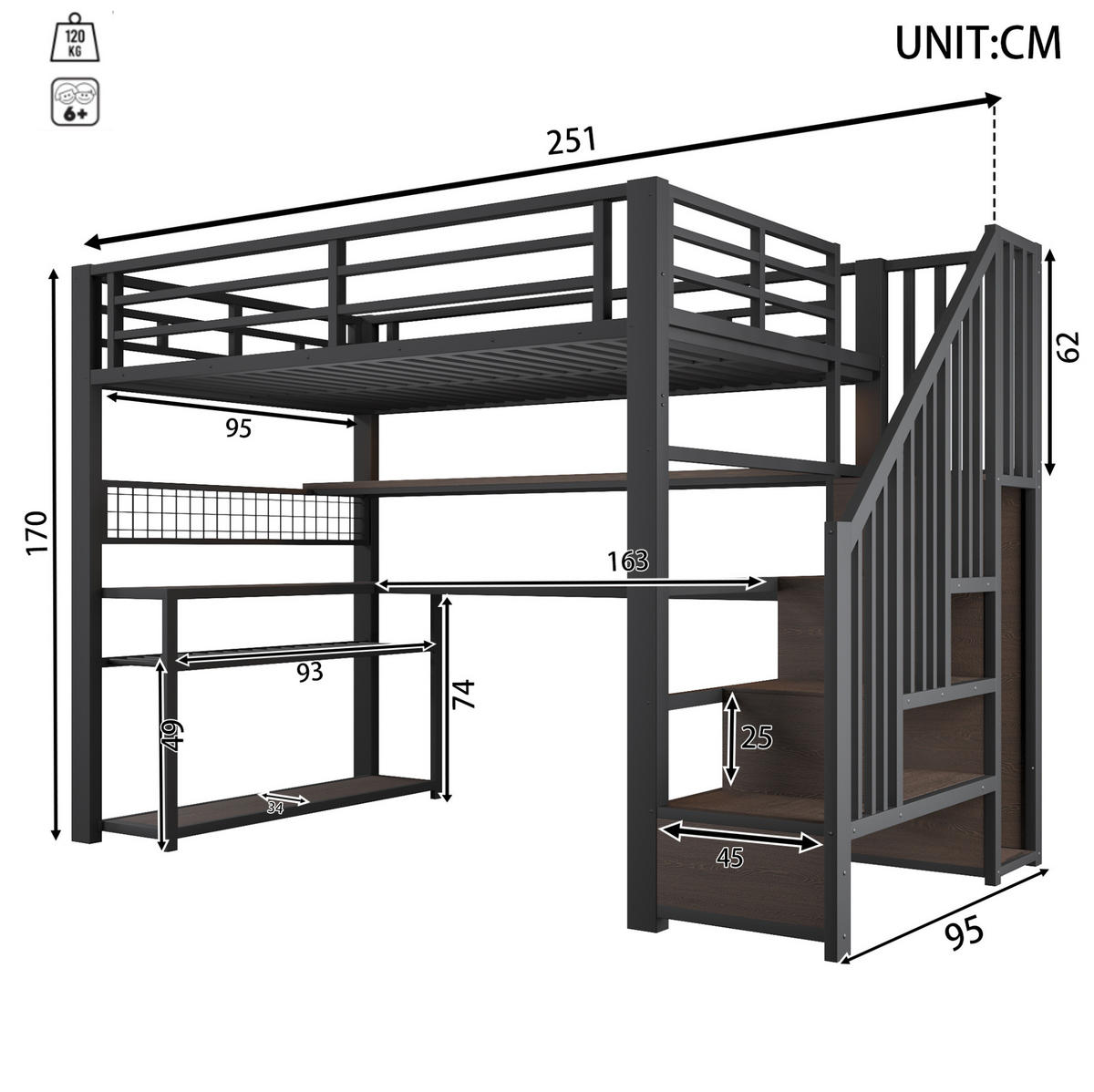 HOCHBETT 90/200 cm Schwarz mit LED, Schreibtisch und Stauraum - Schwarz, Metall (90/200cm) - MIVRAY