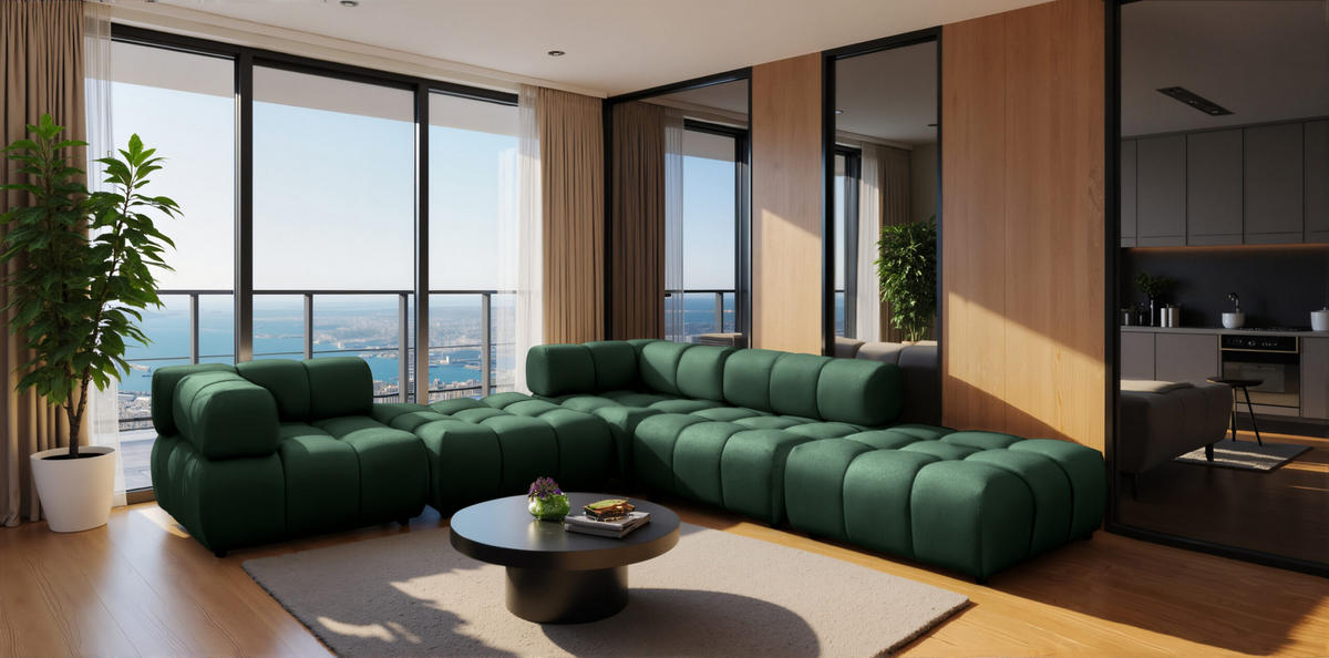 ECKSOFA Corner Modular, Veloursstoff Bluvel, Grün, Rechts, Bolla - Grün, Holz (288/288cm) - Kaiser Möbel