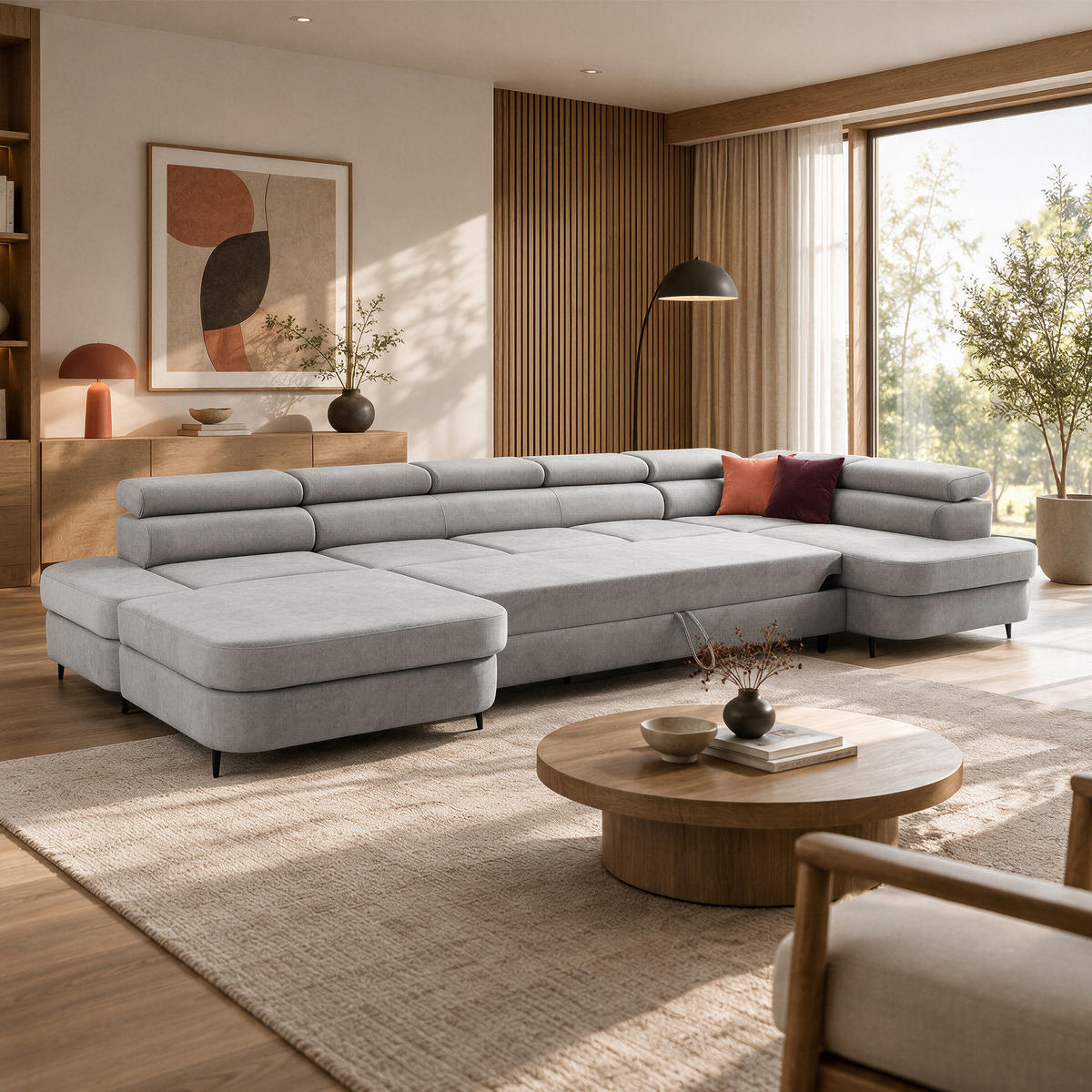 ECKSOFA U-Form PRIAM MAXI U Rechts mit Schlaffunktion 125x317 Velours Hellgrau - Hellgrau/Schwarz, Holz/Textil (400/91/203cm) - Muffo