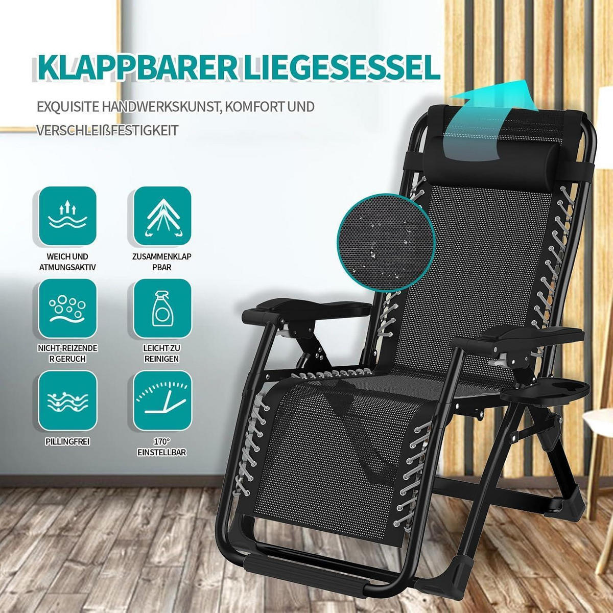 LIEGESTUHL Klappbar 72 cm Schwarz - Schwarz, Textil (72/93/53cm)