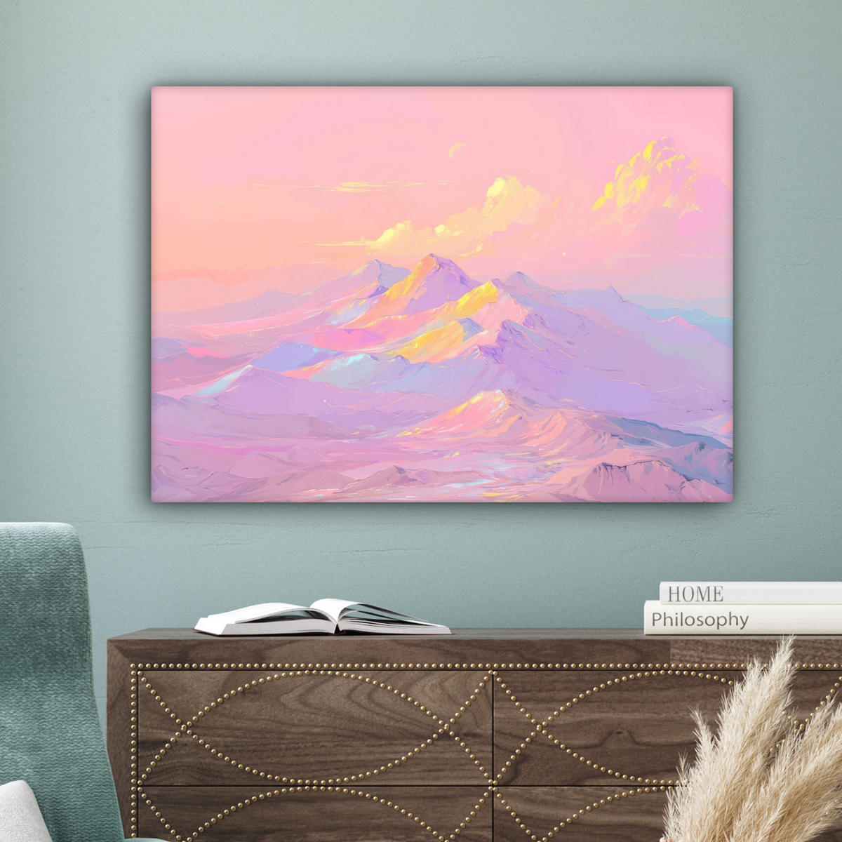 LEINWANDBILD Berggipfel - Wolken - Verträumt Wandbilder 80x60 cm - Hellrosa, Textil (80/60cm) - MuchoWow