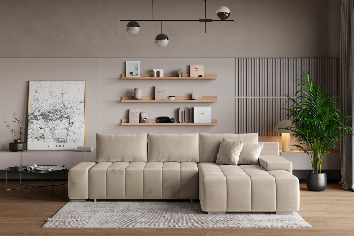 ECKSOFA ALESE R-S Creme Velours-Stoff mit Schlaffunktion - Creme, Holz (265/185cm) - MASSENO