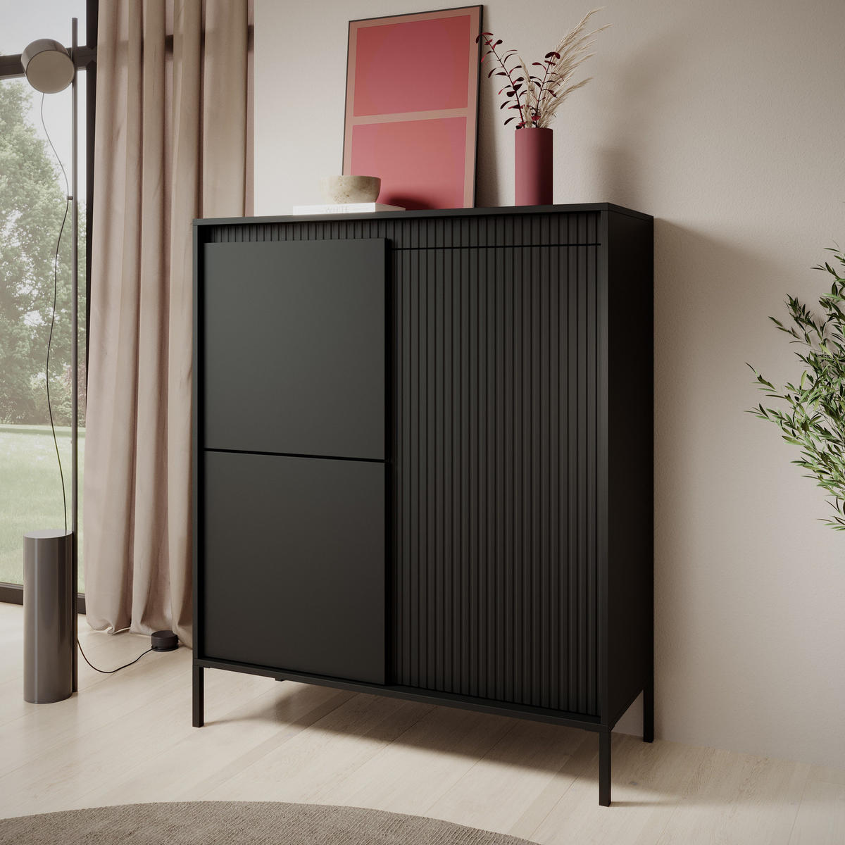 HIGHBOARD Ferrato A 104 cm Schwarz - mit 3 Türen und Riffel-Optik - Schwarz, Holz/Holzwerkstoff (103/123/39cm) - Ravio