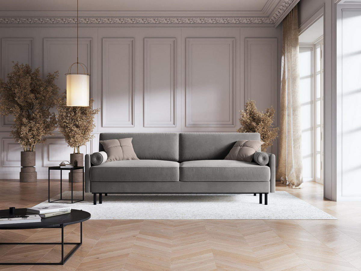 AUSKLAPPBARES-SOFA mit Bettkasten Scott aus Samt hellgrau 3 Sitzplätze - Hellgrau, Textil (97/87/212cm) - Micadoni