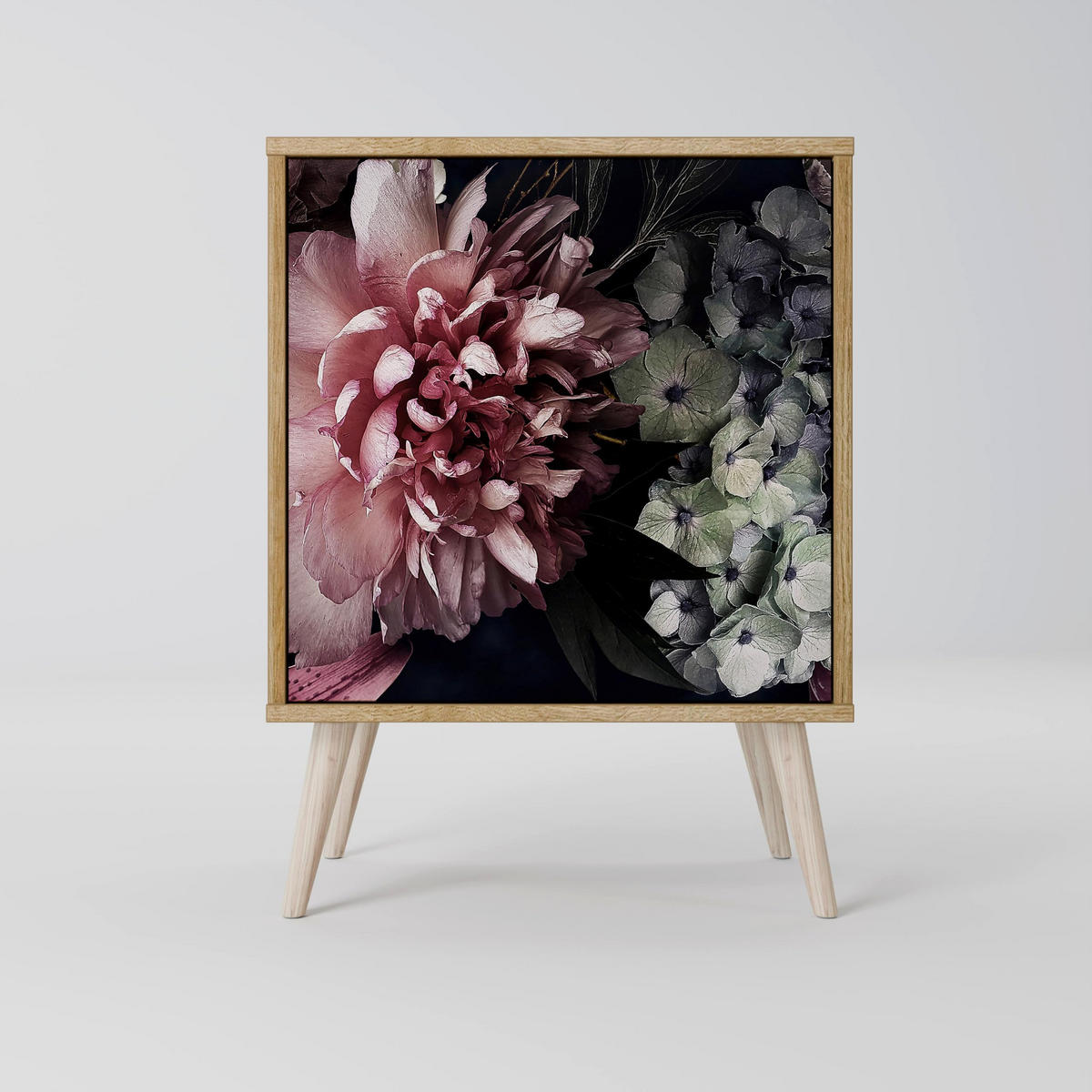 SIDEBOARD PURE BLOSSOM, Grau, 57,5x42x67,5 cm, Schwarze Metall-Rahmenfüße - Multicolor/Schwarz, Holzwerkstoff/Metall (57.5/67.5/42cm) - SpaceRebels