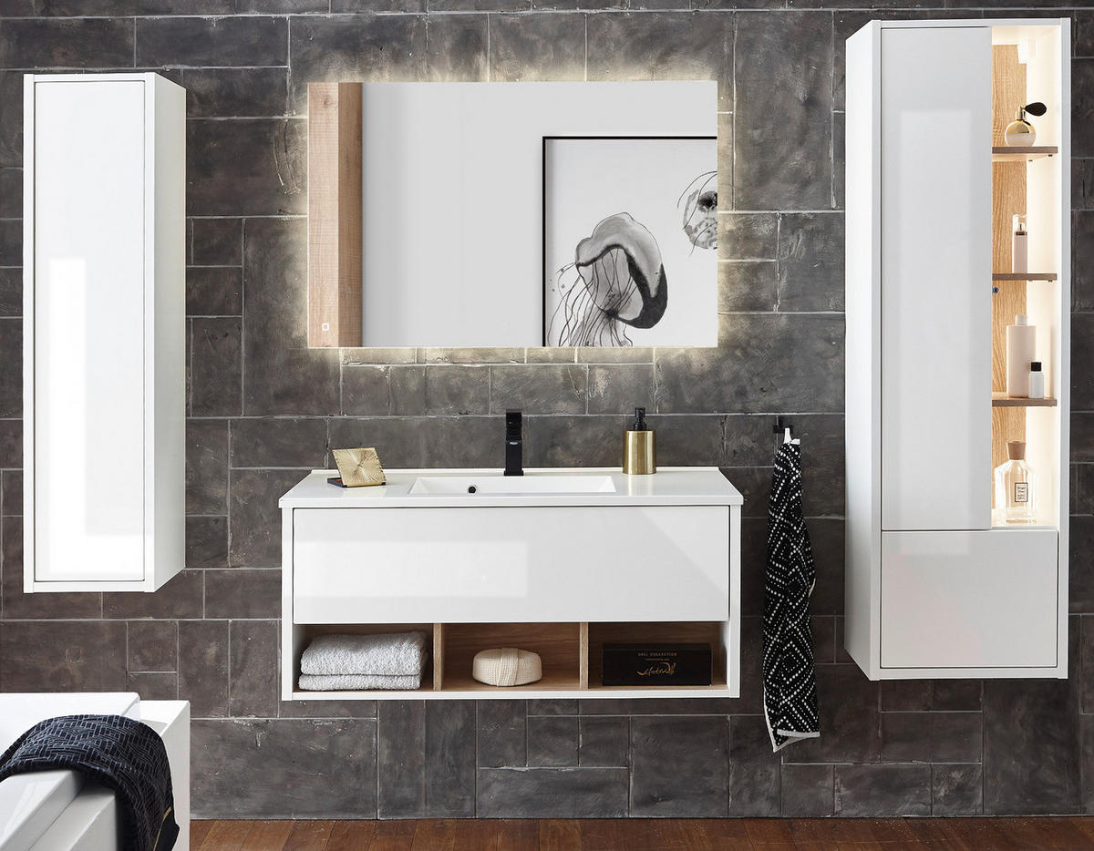 BADMÖBEL-SET weiß Hochglanz, Eiche mit Waschbecken und LED Beleuchtung 195 x 190 cm Glide - Weiß Hochglanz/Eichefarben, Glas/Holzwerkstoff (195/190/47cm) - Furn.Design