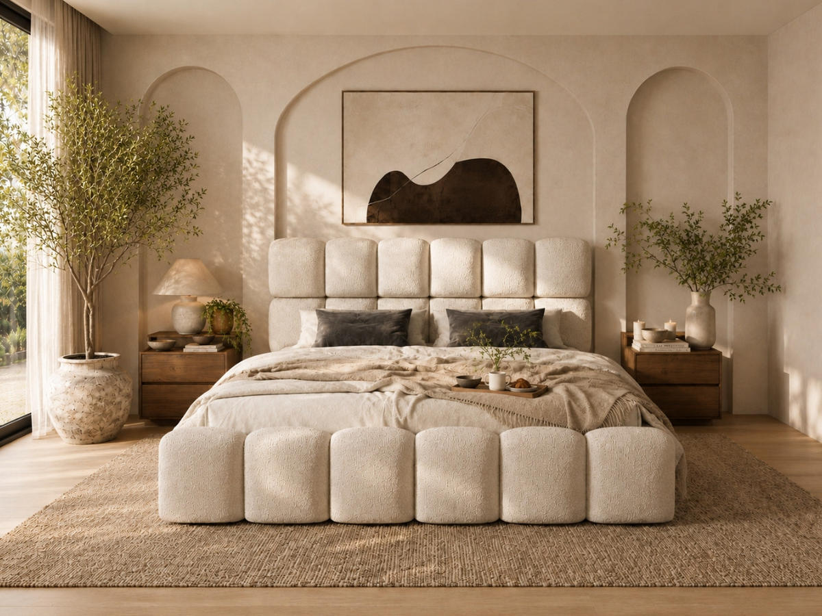 POLSTERBETT TESSA 140x200 cm in Creme, gepolstertes Kopfteil, Metalllattenrost, Bettkasten, Bouclé-Stoff - Ecru, Holz/Textil (140/200cm) - EMLAR Home