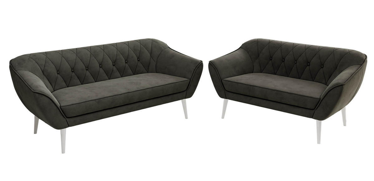 SITZGARNITUR PIRS 3+2 - Dunkelgrau Velvet - Weiße Beine - Dunkelgrau/Weiß, Holzwerkstoff/Textil (180/75/74cm) - MKS
