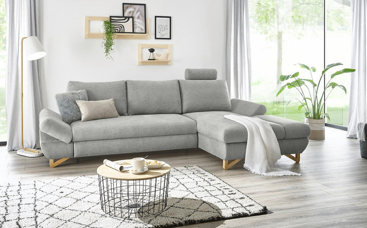 ECKSOFA hellgrau Struktur-Stoff, Sofa mit Bettfunktion und Stauraum 284 cm - Hellgrau, Holz/Textil (284/166cm) - Furn.Design