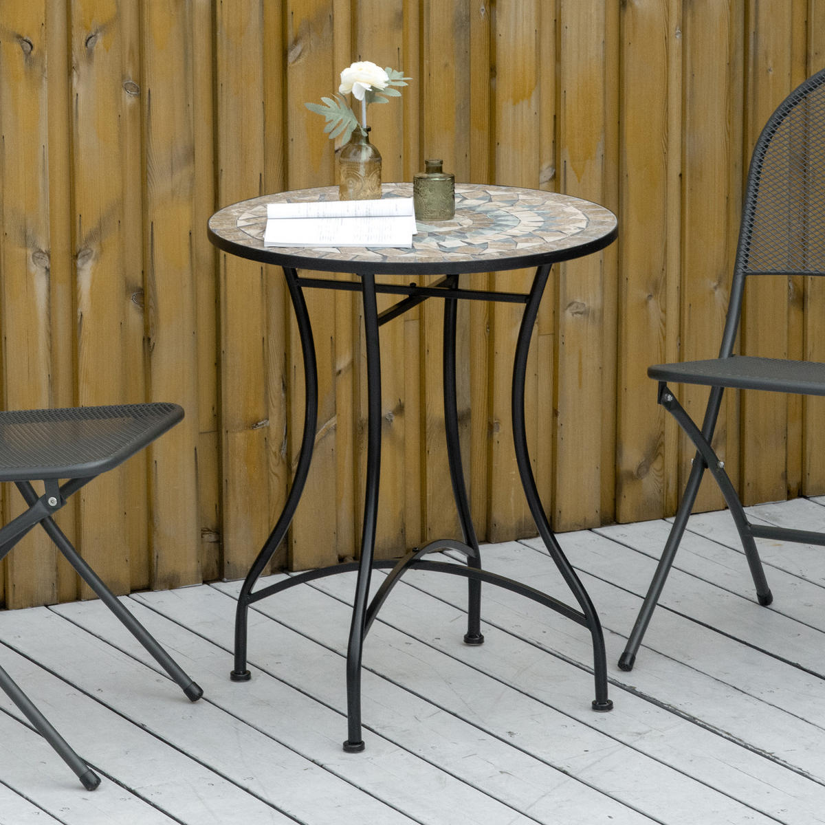 GARTENTISCH DE-07303 rund mit Mosaik-Tischplatte Grün/Beige/Weiß - Beige/Weiß, Keramik/Metall (60/60/71cm) - ComfortXL