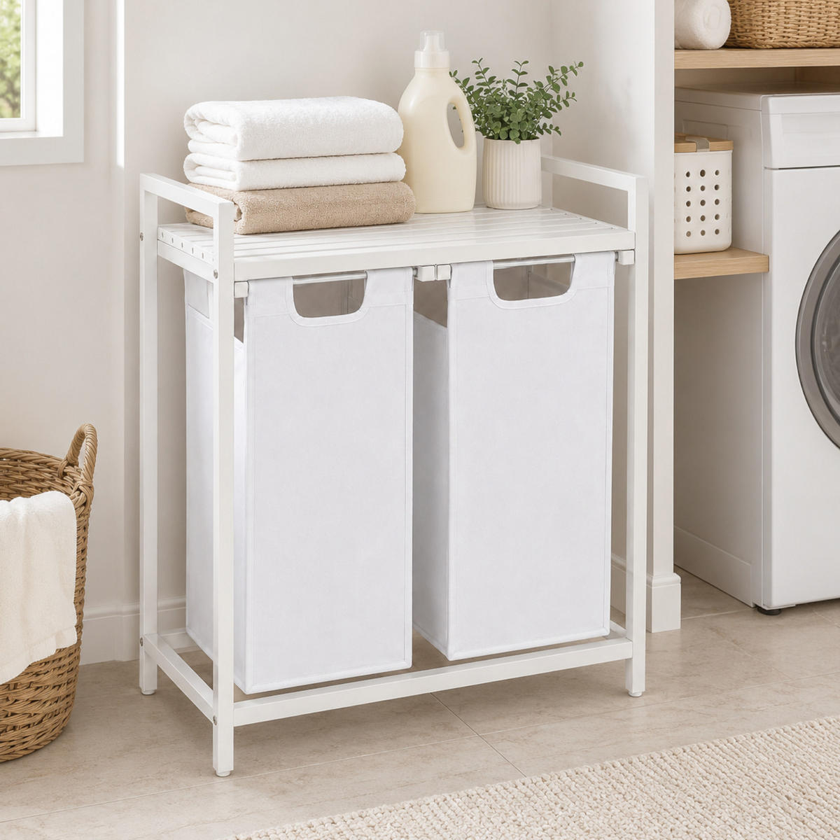 WÄSCHEKORB Metall MDF Stoff Weiß 2 herausnehmbare 92 Liter 73x33x71 cm - Weiß, Holzwerkstoff/Metall (73/71/33cm) - Begryf