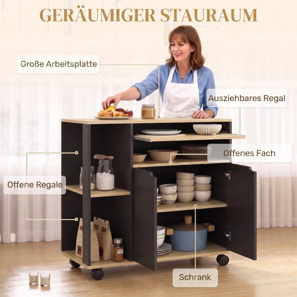 SERVIERWAGEN DE-41492 80/40/82 cm, verstellbare Regale und Schrank Schwarz - Schwarz, Holzwerkstoff (80/82/40cm) - ComfortXL