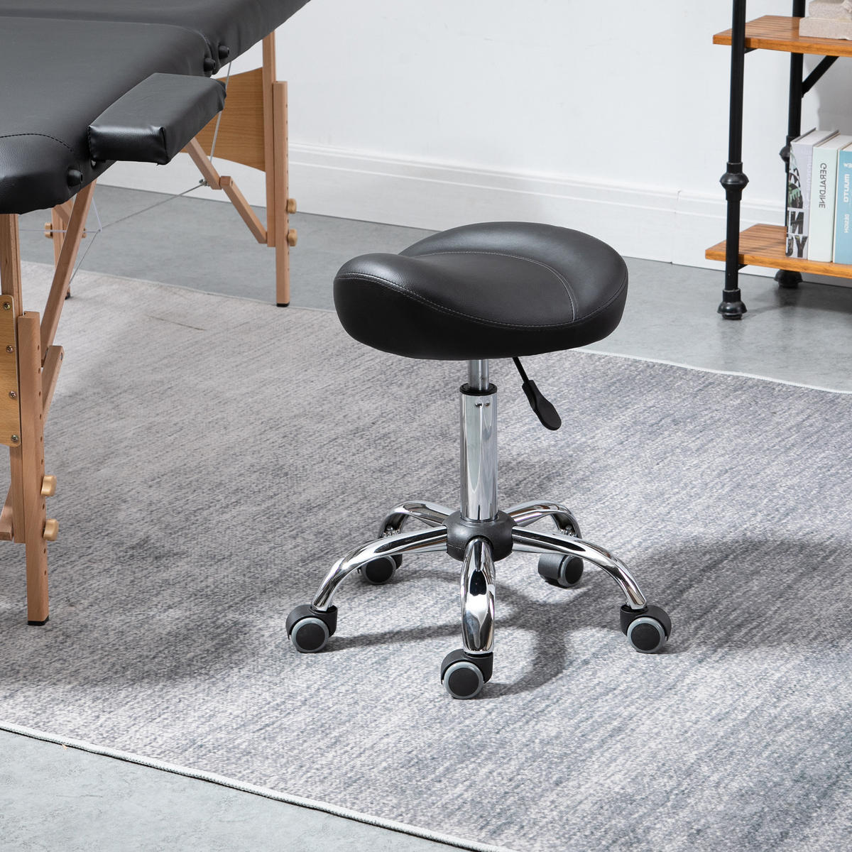 ROLLHOCKER Höhenverstellbarer Arbeitshocker mit Rädern für Massage Schwarz - Schwarz, Leder (48/69/48cm) - HOMCOM