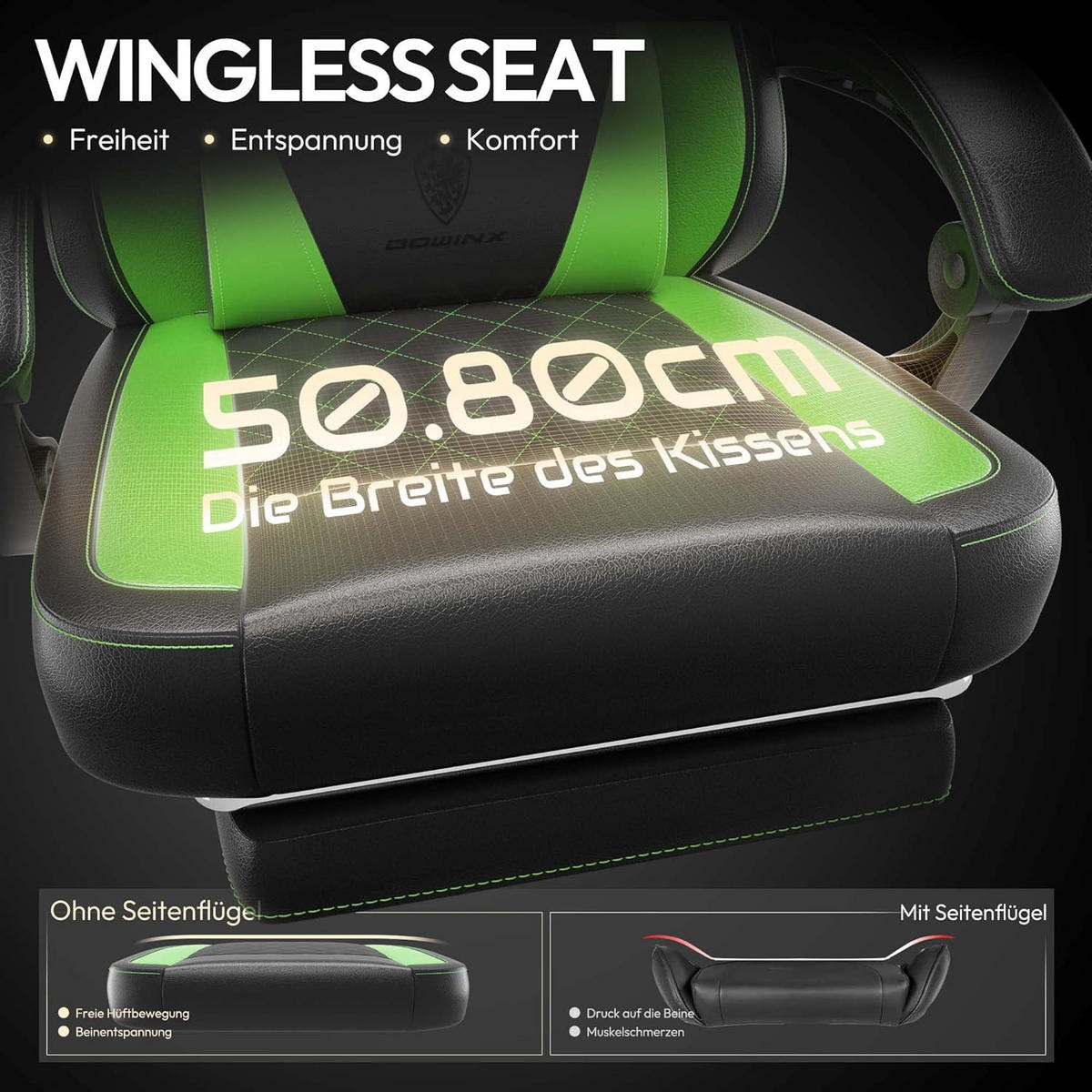 GAMING-STUHL ergonomischer mit Lendenwirbelstütze, Fußstütze, PU-Leder - Grün, Leder (65/127/63cm)